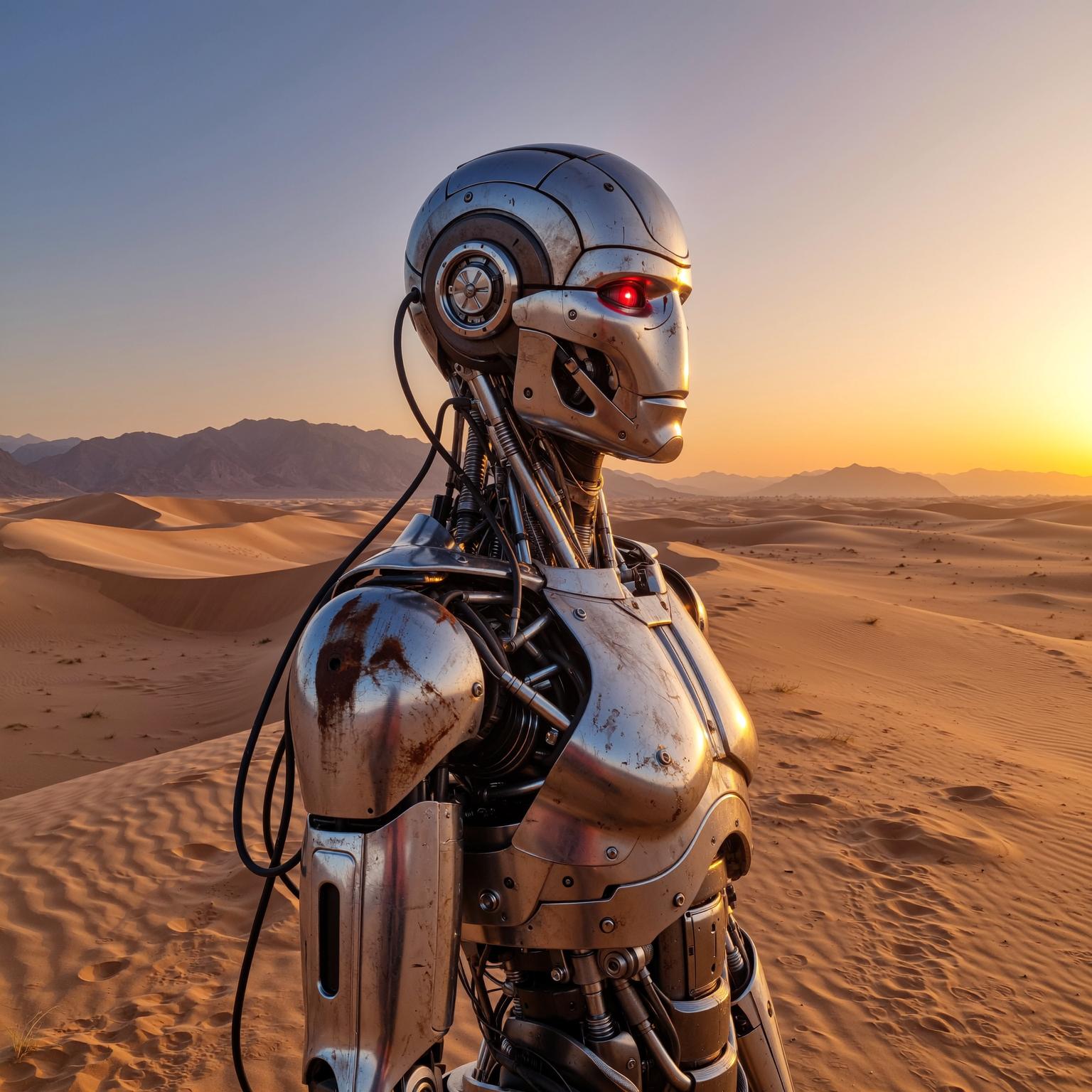 A highly detailed, photorealistic portrait of a weathered humanoid android in profile view, facing right, set against a vast desert landscape at sunset. The android's head and upper body are constructed from tarnished silver metal plates, showing signs of rust, scratches, and battle damage, with exposed wires, cables, and mechanical components dangling from the neck and sides. Its face is a sleek, emotionless mask with a human-like structure, featuring a single visible eye glowing faintly red, a damaged cheek revealing inner circuitry, and a helmet-like cranium with rivets and seams. The skin-like metallic surface reflects warm golden hues from the setting sun. In the background, endless sandy dunes in shades of ochre and burnt orange stretch to distant, hazy purple mountains under a gradient sky transitioning from deep blue to fiery orange and pink. Cinematic lighting casts long shadows and dramatic highlights on the android's form, emphasizing texture and depth. Rendered in hyper-realistic CGI style, ultra-high resolution, intricate details on every mechanical part, evoking a sci-fi dystopian atmosphere like in Terminator or Dune, with a sense of isolation and introspection.