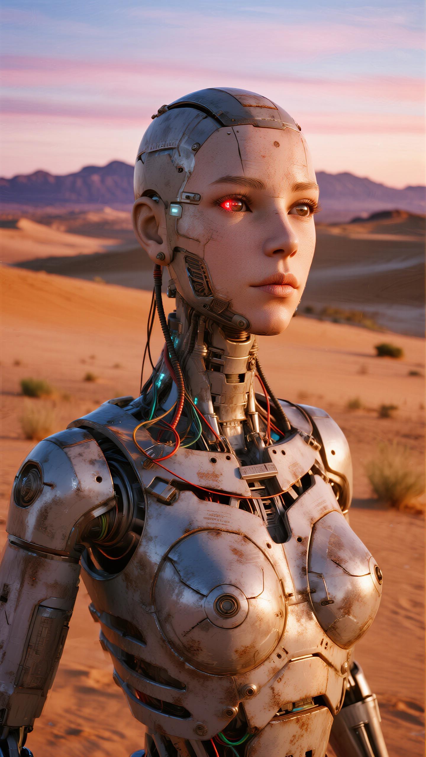 A highly detailed, photorealistic portrait of a weathered humanoid android in a front view, set against a vast desert landscape at sunset. The android's head and upper body are constructed from tarnished silver metal plates, showing signs of rust, scratches, and battle damage, with exposed wires, cables, and mechanical components dangling from the neck and sides. Its face is a sleek, emotionless mask with a human-like structure, featuring a single visible eye glowing faintly red, a damaged cheek revealing inner circuitry, and a helmet-like cranium with rivets and seams. The skin-like metallic surface reflects warm golden hues from the setting sun. In the background, endless sandy dunes in shades of ochre and burnt orange stretch to distant, hazy purple mountains under a gradient sky transitioning from deep blue to fiery orange and pink. Cinematic lighting casts long shadows and dramatic highlights on the android's form, emphasizing texture and depth. Rendered in hyper-realistic CGI style, ultra-high resolution, intricate details on every mechanical part, evoking a sci-fi dystopian atmosphere like in Terminator or Dune, with a sense of isolation and introspection.