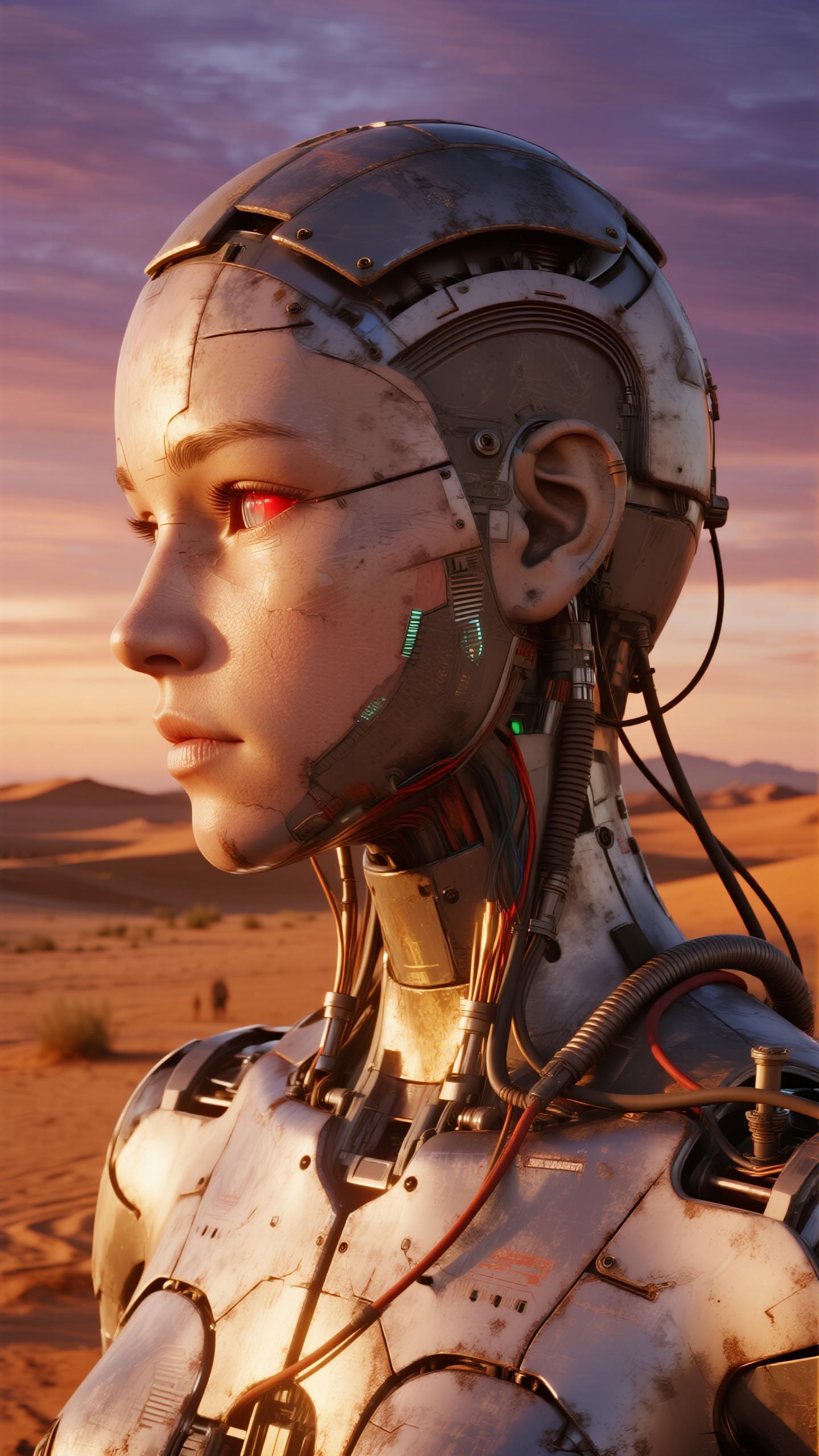 A highly detailed, photorealistic portrait of a weathered humanoid android in a front view, set against a vast desert landscape at sunset. The android's head and upper body are constructed from tarnished silver metal plates, showing signs of rust, scratches, and battle damage, with exposed wires, cables, and mechanical components dangling from the neck and sides. Its face is a sleek, emotionless mask with a human-like structure, featuring a single visible eye glowing faintly red, a damaged cheek revealing inner circuitry, and a helmet-like cranium with rivets and seams. The skin-like metallic surface reflects warm golden hues from the setting sun. In the background, endless sandy dunes in shades of ochre and burnt orange stretch to distant, hazy purple mountains under a gradient sky transitioning from deep blue to fiery orange and pink. Cinematic lighting casts long shadows and dramatic highlights on the android's form, emphasizing texture and depth. Rendered in hyper-realistic CGI style, ultra-high resolution, intricate details on every mechanical part, evoking a sci-fi dystopian atmosphere like in Terminator or Dune, with a sense of isolation and introspection.