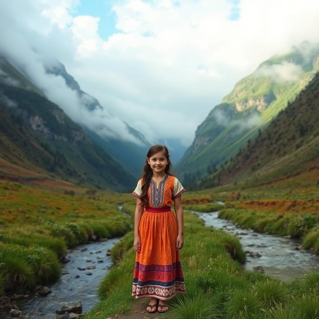 A beautiful valley with cloudy mountains both side.
A beautiful girl with village dress is standing in the mid of valley.
A stream is floating nearby.