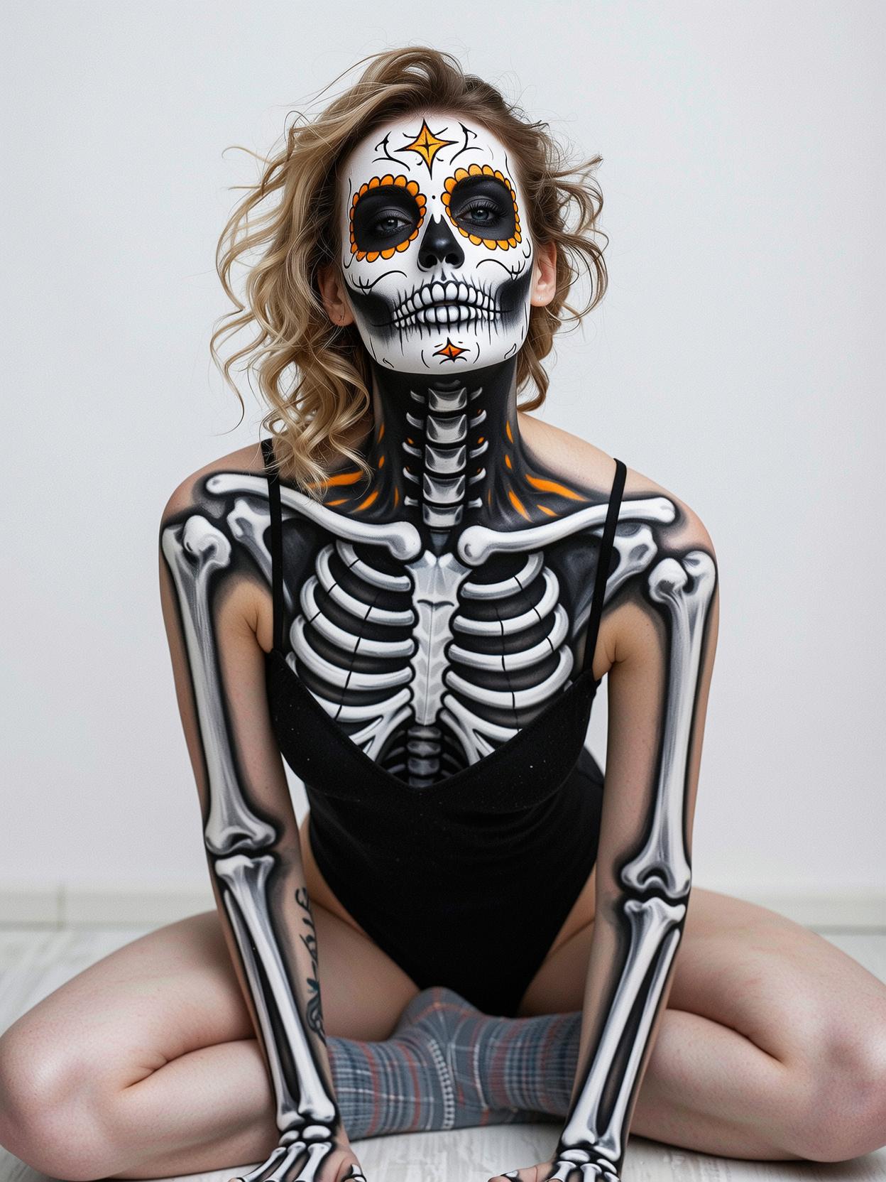 style posterize  Inspired by the art of Moebius, J.C. Leyendecker, close up, (pov blowjob:1.6), (on knees between legs:1.4), (cum), delicious death skull, very detailed scenery, dynamic pose, Visionary details, Crisp focus, dramatic lighting, Shot with a Canon EOS R5, 70-200mm f/2.8 lens, Mysterious shadows, Complex reflections. ,  Wear socks  (leaf monster,  monster:1.3),  woman, orange glowing outlines, grid, cyberpunk, retro, scifi, film grain texture noise ,analog photography aesthetic, skeletal makeup, high-fashion portrait style, striking skull face paint emulating a skeleton, detailed black and white makeup covering face and neck, illusion of a skeletal structure, black hollows around the eyes, nose, and mouth evoking eye sockets and nasal cavity, shaded collarbones and vertebrae mimicking an x-ray effect, matte black attire blending with body art, minimalist backdrop enhancing makeup artistry, gothic-inspired aesthetic, somber yet dynamic expression, light skin tone contrasting with dark makeup, wavy tousled hair adding texture, artistic tribute to Day of the Dead or similar cultural celebrations, ((cum on face)), ((cum on chest:1.5)), ((exposed breasts:1.5))