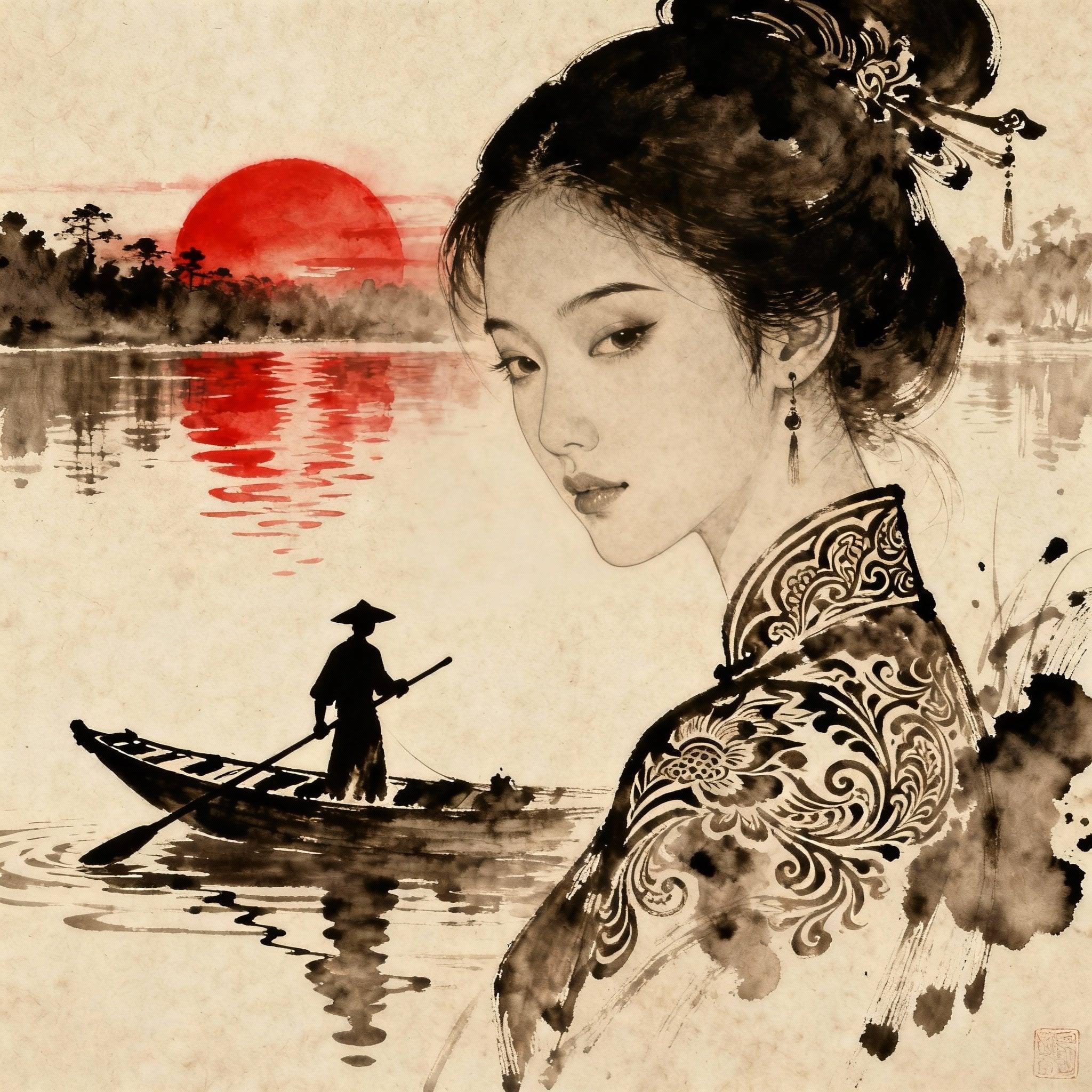 Instagirl in the style of ck-mgs, nistyle, Special Ink-drawing mode, intricate linework with expressive contrasts, Mh1$AgThS2, Inkplash art on rice paper, sepia, henna , Silhouette Art, magnificent, inksplash closeup portrait of Chinese woman punting, sunset, calm lake, redlection