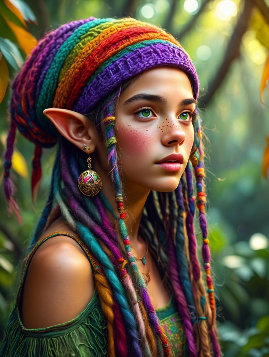 A highly detailed photorealistic digital portrait of a beautiful young elf woman with pointed ears, adorned in a vibrant multicolored knit beanie featuring horizontal stripes in deep purple, emerald green, sunny yellow, fiery orange, and crimson red, with intricate braided patterns and a relaxed, slouchy fit; her long, wavy dreadlocks cascade down in a rainbow of colors including purple, teal, pink, and blonde, intertwined with wooden beads, colorful threads, and small charms; she has tan skin with scattered freckles across her nose and cheeks, flushed rosy blush, full parted lips with a subtle sheen, and large, mesmerizing emerald green eyes gazing thoughtfully to the side; intricate gold piercings on her elf ears, including a dangling ornate spherical earring with intricate gold filigree and colorful enamel designs; she wears a textured green off-shoulder top with subtle embroidered patterns and fringe details; set against a lush, enchanted forest background with soft bokeh lights, autumnal foliage in shades of gold and green, misty atmosphere, and dappled sunlight filtering through trees; in a hyper-realistic fantasy art style inspired by artists like Alphonse Mucha and modern digital illustrators, with high dynamic range, sharp focus on facial details, intricate textures on fabrics and hair, warm color palette emphasizing vibrant hues against natural earth tones, ultra-high resolution, cinematic lighting with gentle glows and depth of field.