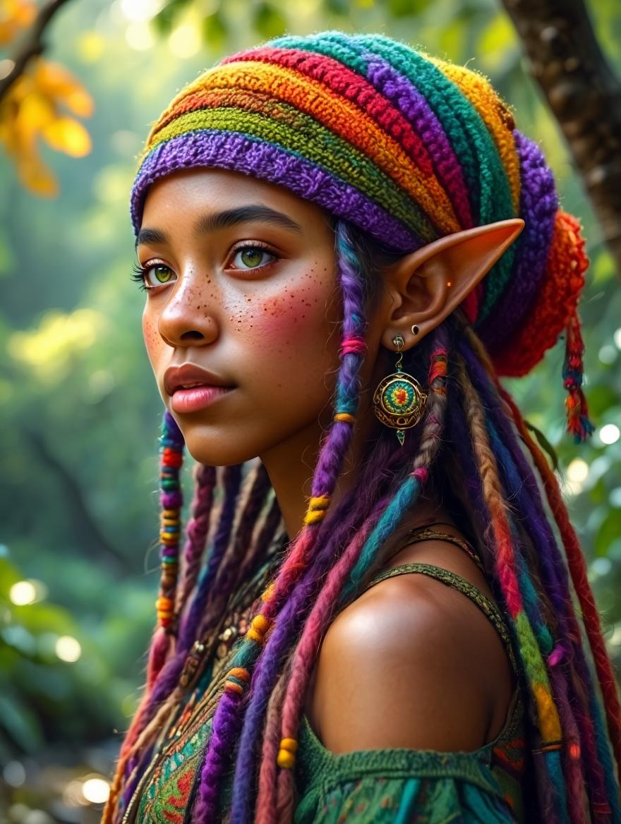 A highly detailed photorealistic digital portrait of a beautiful young elf woman with pointed ears, adorned in a vibrant multicolored knit beanie featuring horizontal stripes in deep purple, emerald green, sunny yellow, fiery orange, and crimson red, with intricate braided patterns and a relaxed, slouchy fit; her long, wavy dreadlocks cascade down in a rainbow of colors including purple, teal, pink, and blonde, intertwined with wooden beads, colorful threads, and small charms; she has tan skin with scattered freckles across her nose and cheeks, flushed rosy blush, full parted lips with a subtle sheen, and large, mesmerizing emerald green eyes gazing thoughtfully to the side; intricate gold piercings on her elf ears, including a dangling ornate spherical earring with intricate gold filigree and colorful enamel designs; she wears a textured green off-shoulder top with subtle embroidered patterns and fringe details; set against a lush, enchanted forest background with soft bokeh lights, autumnal foliage in shades of gold and green, misty atmosphere, and dappled sunlight filtering through trees; in a hyper-realistic fantasy art style inspired by artists like Alphonse Mucha and modern digital illustrators, with high dynamic range, sharp focus on facial details, intricate textures on fabrics and hair, warm color palette emphasizing vibrant hues against natural earth tones, ultra-high resolution, cinematic lighting with gentle glows and depth of field.