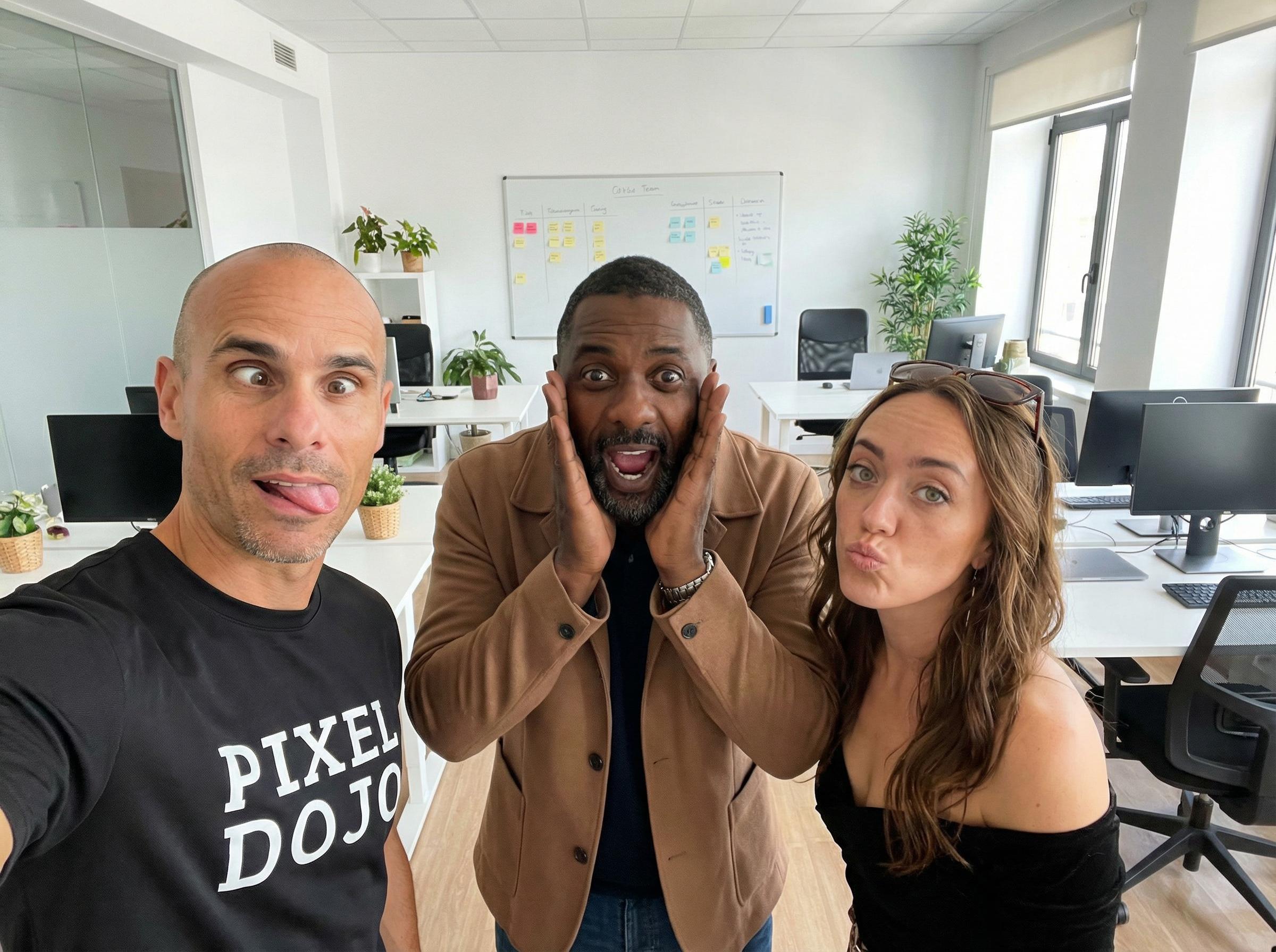 an office team photo, everyone making a silly face (edited with Google Nano Banana Pro)