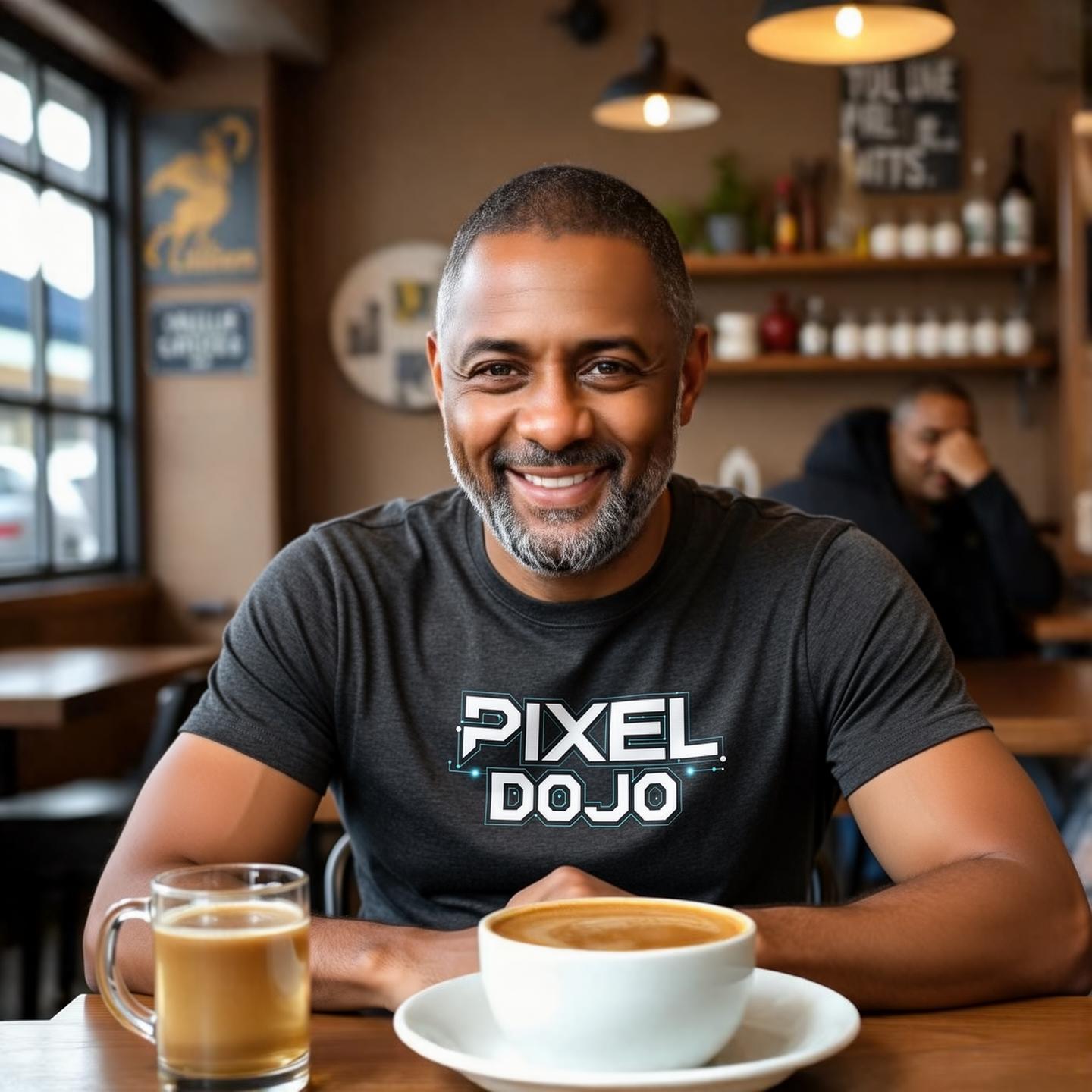 show hum wearing a Pixel Dojo Shirt