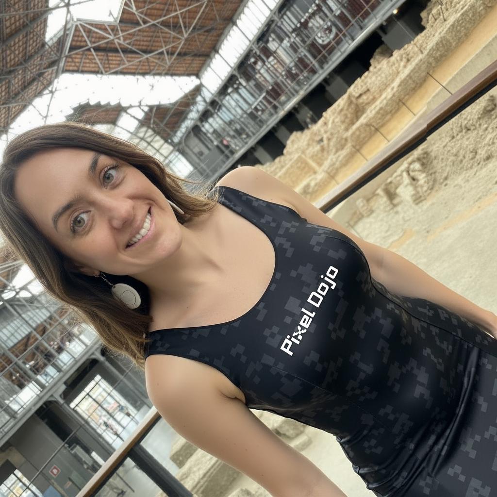 she is wearing a pixel dojo dress