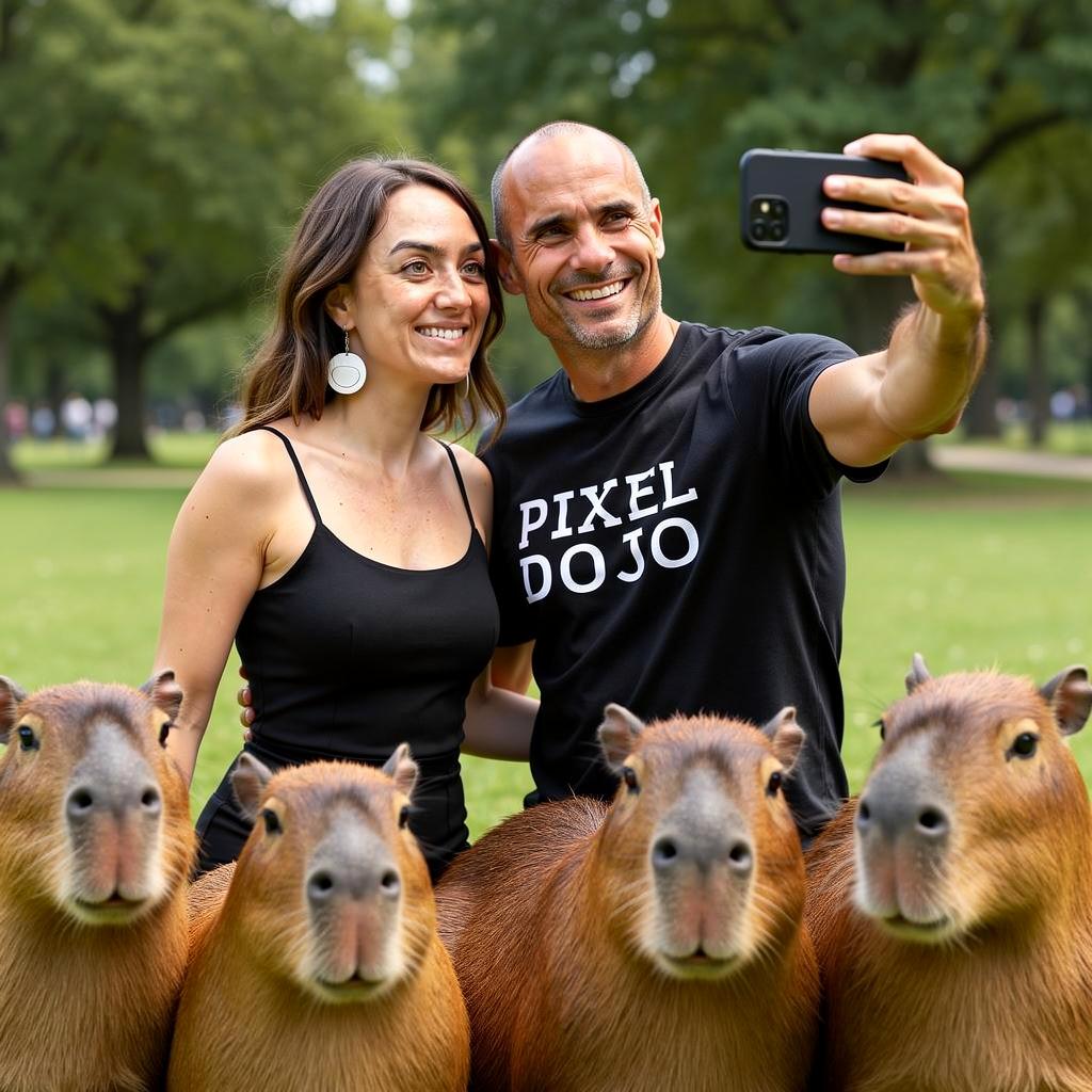 these two taking a selfie with a group of capybaras