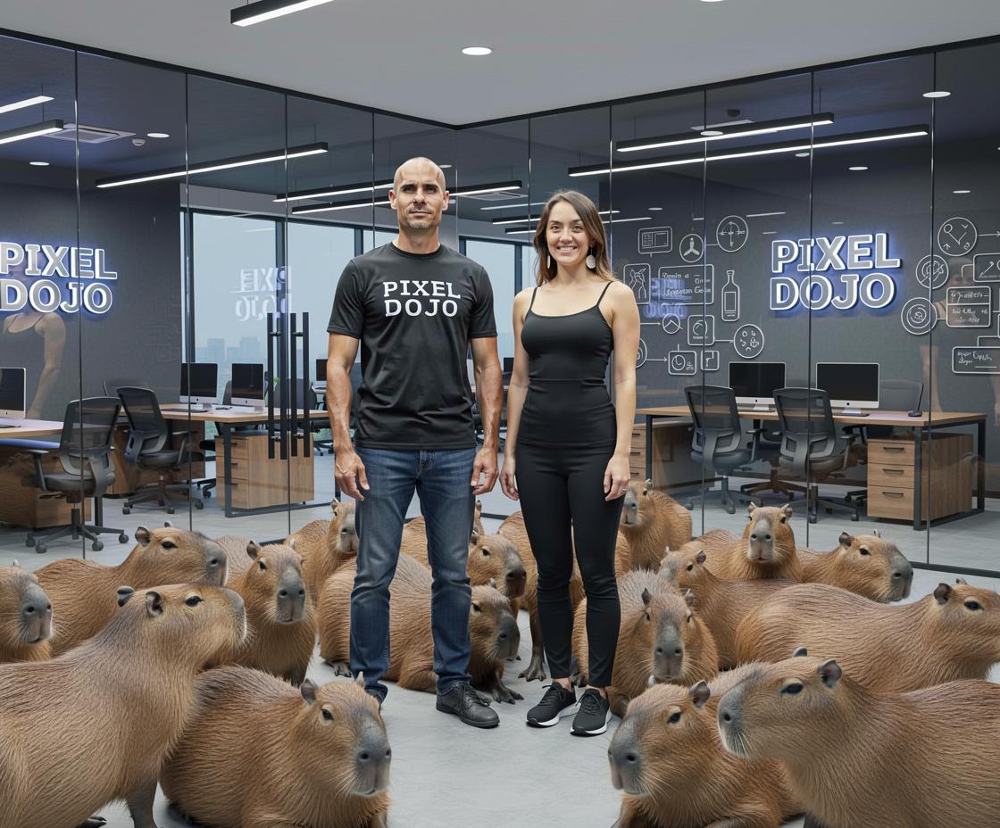 they are inside of Pixel Dojo Headquarters surrounded by Capybaras