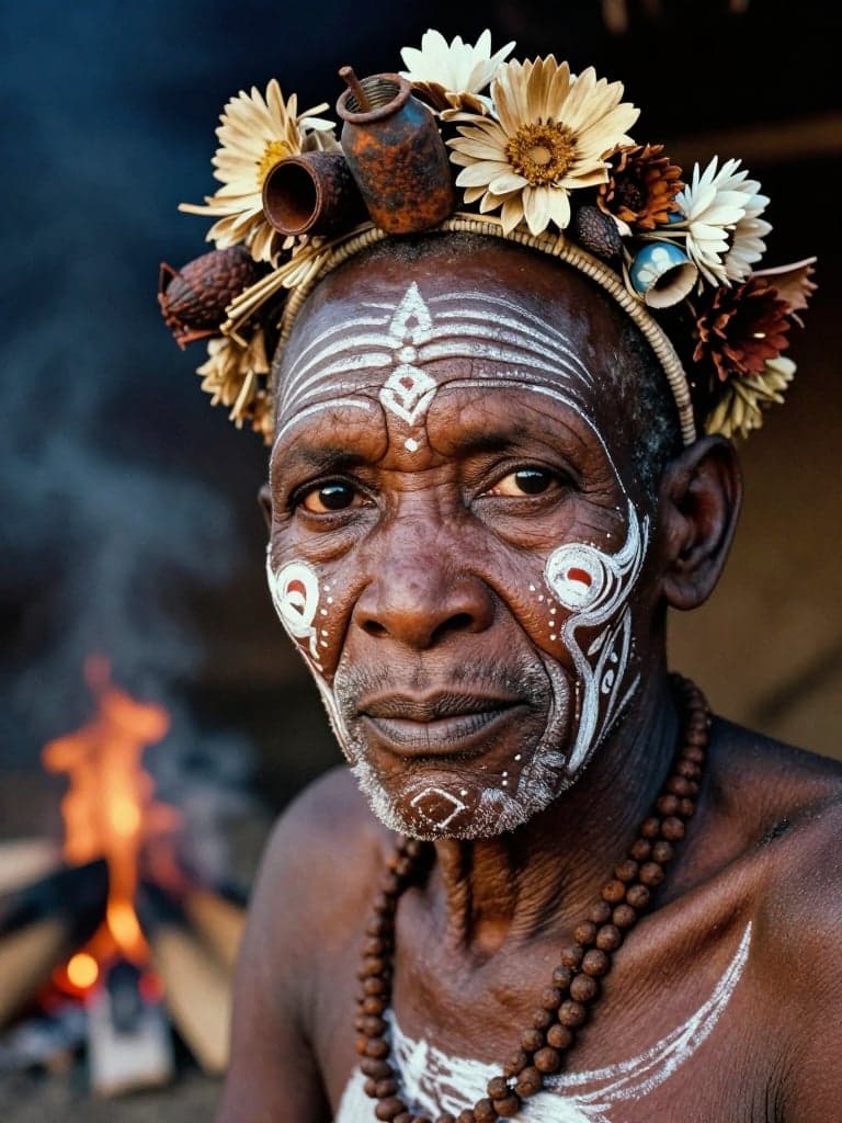 A hyper-realistic, close-up portrait of a tribal elder from the Omo Valley, painted with intricate white chalk patterns and adorned with a headdress made of dried flowers, seed pods, and rusted bottle caps. The focus is razor-sharp on the texture of the skin, showing every pore, wrinkle, and scar that tells a story of survival. The background is a blurred, smoky hut interior, with the warm glow of a cooking fire reflecting in the subject's dark, soulful eyes. Shot on a Leica M6 with Kodak Portra 400 film grain aesthetic.