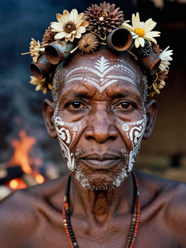 A hyper-realistic, close-up portrait of a tribal elder from the Omo Valley, painted with intricate white chalk patterns and adorned with a headdress made of dried flowers, seed pods, and rusted bottle caps. The focus is razor-sharp on the texture of the skin, showing every pore, wrinkle, and scar that tells a story of survival. The background is a blurred, smoky hut interior, with the warm glow of a cooking fire reflecting in the subject's dark, soulful eyes. Shot on a Leica M6 with Kodak Portra 400 film grain aesthetic.