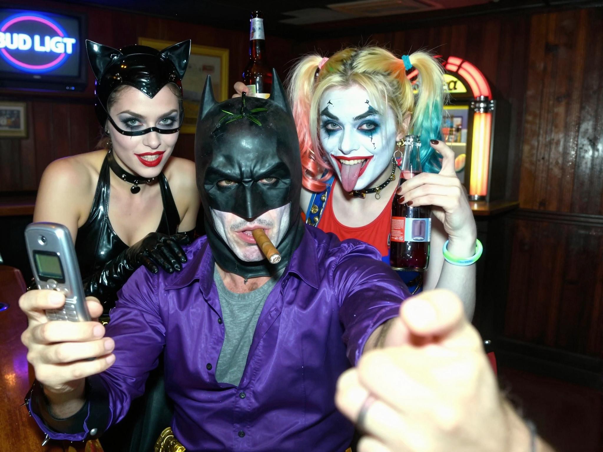 {
 2004 VGA bar-selfie: Joker (smudged white greasepaint, green-tinted slicked hair, purple satin shirt open to chest, lit cigar) holds flip-phone at arm’s length, wide-angle lens slightly tilted. Batman (black cowl, matte finish, visible jaw stubble, grey T-shirt) sits centre, eyes narrowed at lens, one brow raised. Catwoman (black PVC halter, cat-ear headband, smudged eyeliner, red lipstick) leans over bar, gloved hand on Joker’s shoulder. Harley Quinn (red/blue crop top, diamond face paint cracked, pigtails with faded ribbon) pops between them, tongue out, holding a half-empty beer bottle. Background: dim wood-paneled dive bar, Bud Light neon blur, CRT TV static, jukebox glow. Harsh on-camera flash blows highlights, green-yellow white-balance shift, heavy VGA noise, 640×480 pixel stretch, date-stamp ‘04-10-15 02:17’. Mild motion blur on Harley’s bottle, dust specks on lens, finger partially covers corner. --ar 4:5 --style raw",
  "style": "photographic 2004 VGA analog selfie",
  "negative_prompt": "logos, text, extra limbs, smooth skin, HDR, modern phone",
  "output": {
    "format": "jpg",
    "long_edge_px": 1536
  }
}