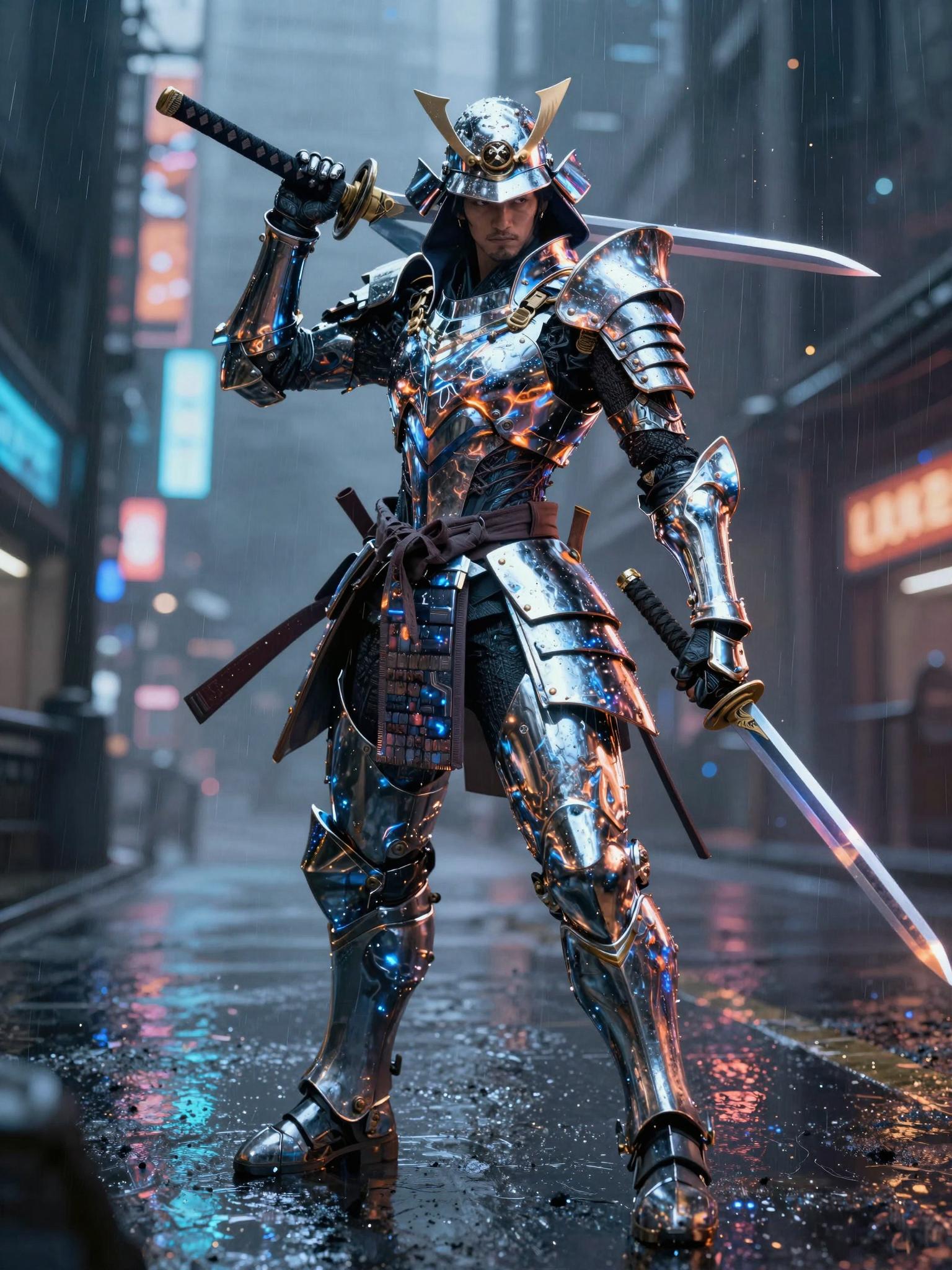 A fierce cyberpunk samurai standing on a rain-soaked neon street, reflective chrome armor glowing with electric blue and molten orange highlights, katana raised, metallic textures and sharp edge lighting, drifting holographic particles, stormy atmosphere with high-contrast reflections on wet pavement, ultra-detailed sci-fi city rising behind them, dramatic perspective and bold metallic sheen, 64K clarity, 300dpi, style raw.