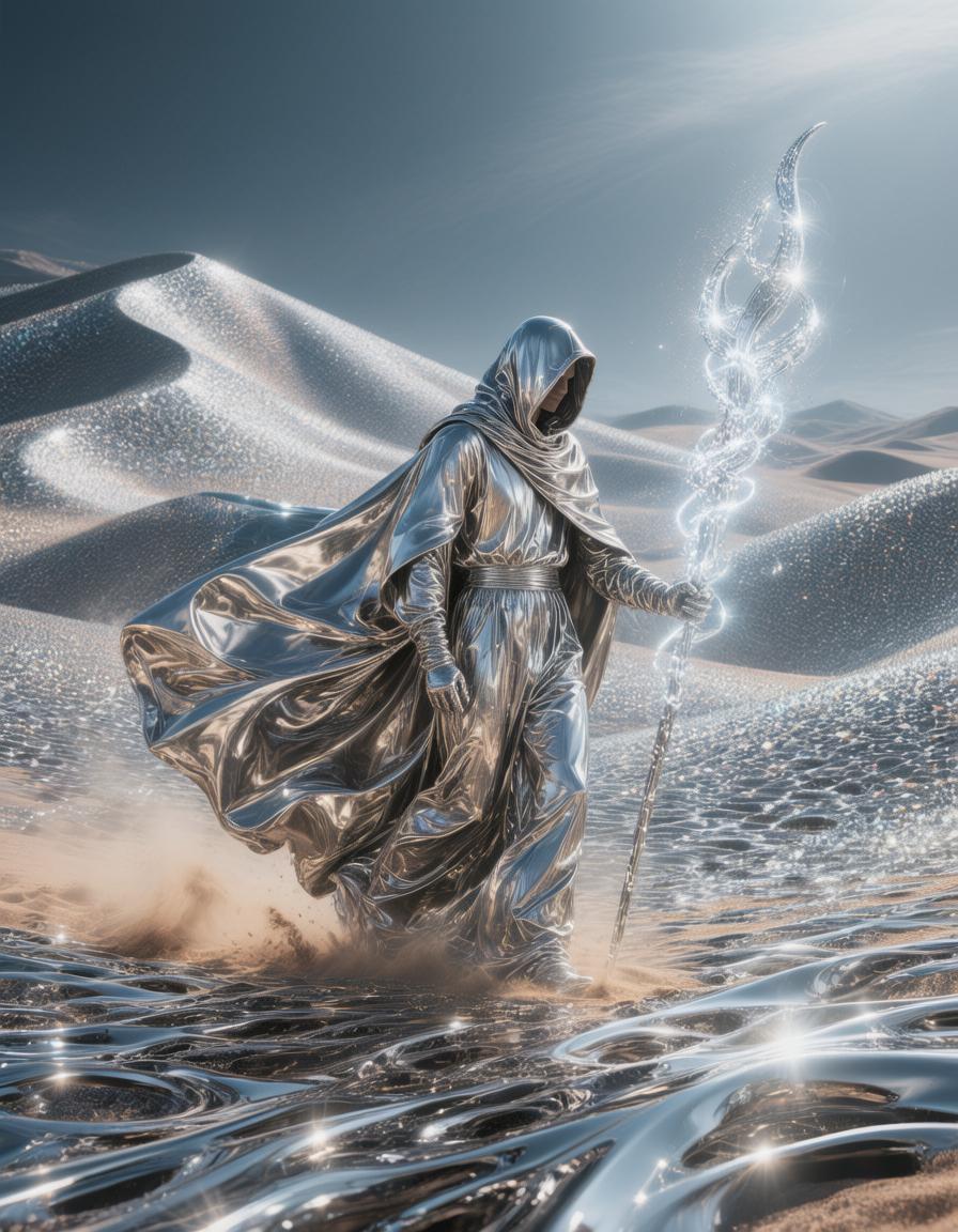 A lone wanderer draped in flowing metallic fabric crossing a glowing alloy desert. Dunes shimmer like chrome waves. The nomad’s staff emits holographic silver light, illuminating drifting dust.