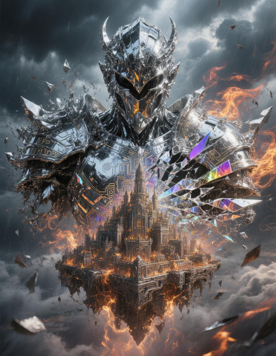 A colossal crystalline guardian forged from liquid silver and obsidian alloy, emerging from a floating citadel suspended in stormlit clouds, reflective armor fracturing light into spectral shards, intricate rune circuitry glowing beneath the smooth metal surface, surrounded by swirling embers and drifting metal dust.