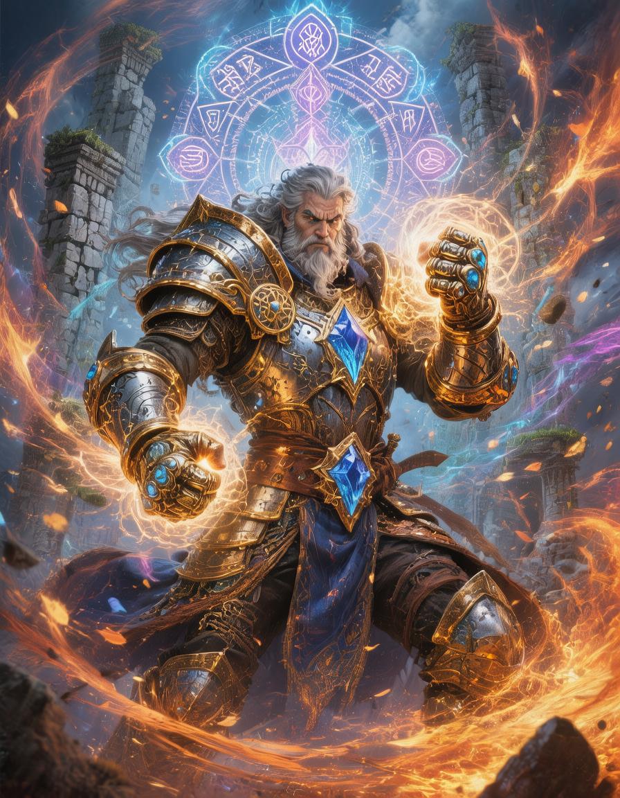 A battle-ready warrior mage channeling glowing energy between metallic gauntlets, arcane runes swirling around the figure, enchanted armor shimmering with gold and sapphire highlights, wind and embers spiraling outward, floating stone ruins and magical sigils glowing behind them, explosive high-fantasy gaming aesthetic, intense radiant lighting, 300dpi, style raw.