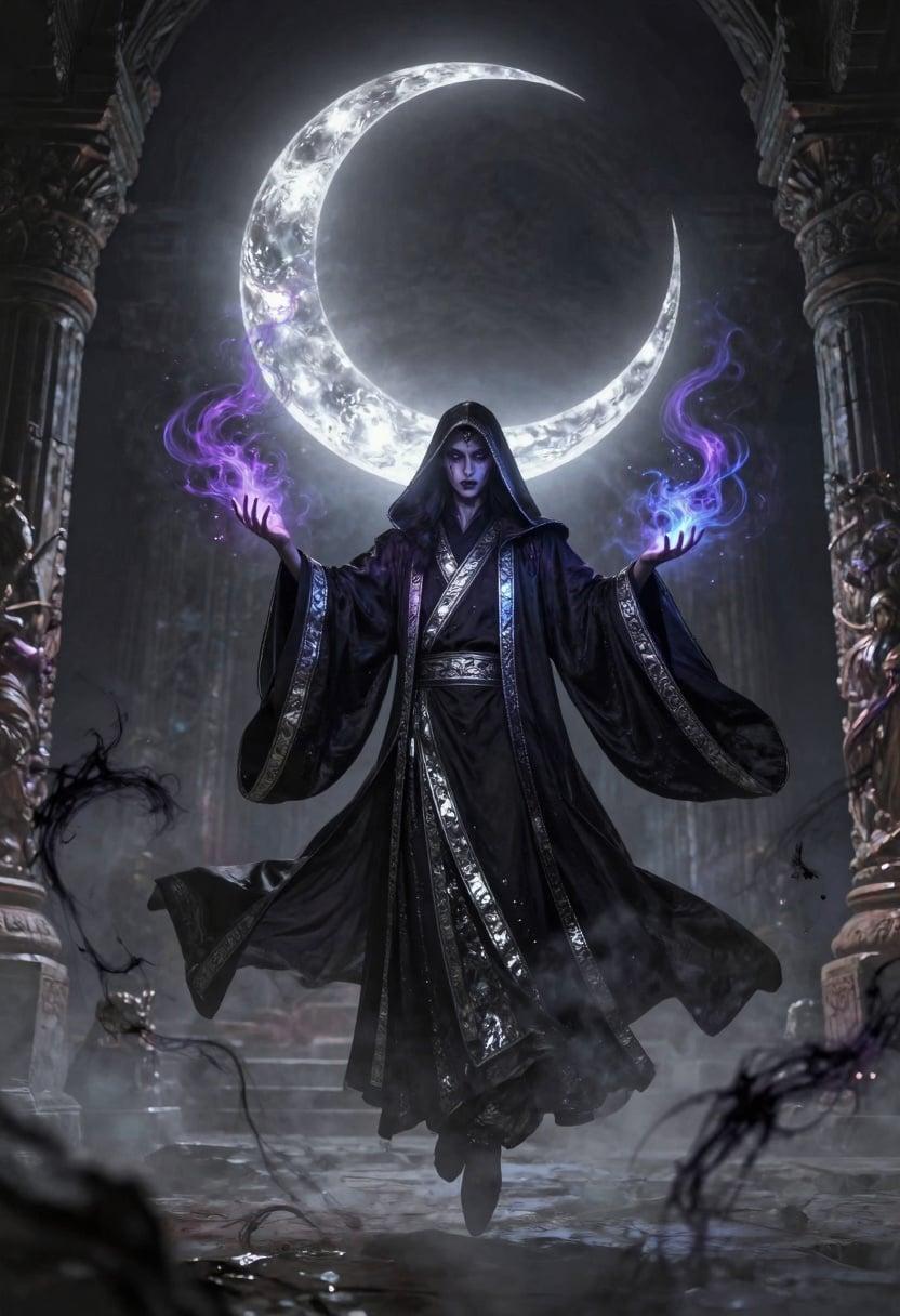 A mysterious shadow mage levitating under a glowing crescent moon, long flowing robes trimmed with reflective silver patterns, hands conjuring violet and blue arcane mist, swirling shadow tendrils rising from the ground, misty ancient ruins behind them, ethereal soft backlight creating metallic moonlit accents, 300dpi, style raw.