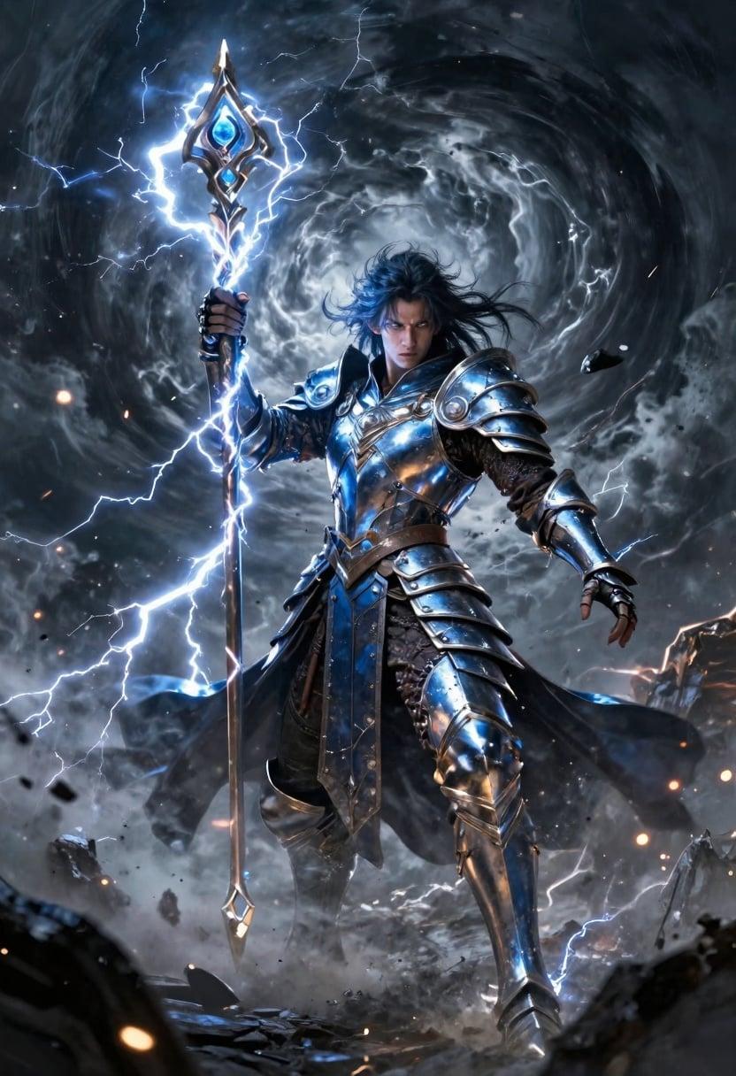 A mighty stormcaller archmage channeling a vortex of electric energy, lightning bolts spiraling around a metallic staff, armor forged with polished cobalt-steel plates reflecting bright white and electric-blue arcs, storm clouds twisting overhead, wind-packed atmosphere with flying debris and glowing sparks, bold epic fantasy intensity, 300dpi, style raw.