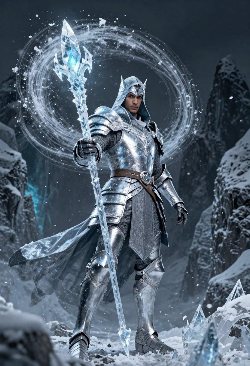 A frostbound sorcerer forging a massive ice crystal spell in midair, shimmering icy-blue metallic reflections across their armor and staff, snow and ice fragments swirling in a high-energy spiral, frozen cliffs behind them glowing with cold luminescence, crisp high-detail textures with sharp icy highlights, 300dpi, style raw.