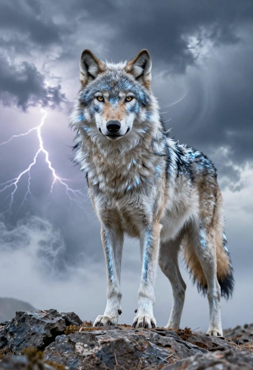 A powerful silver wolf standing on a rocky ridge under a swirling storm sky, fur shimmering with metallic accents, eyes glowing with soft golden light, wind-swept atmosphere, dramatic clouds illuminated by distant lightning, rugged cliff textures with cool steel-blue highlights, heroic posture framed by dynamic mist, ultra-detailed fur, high-saturation color palette, 300dpi, style raw.