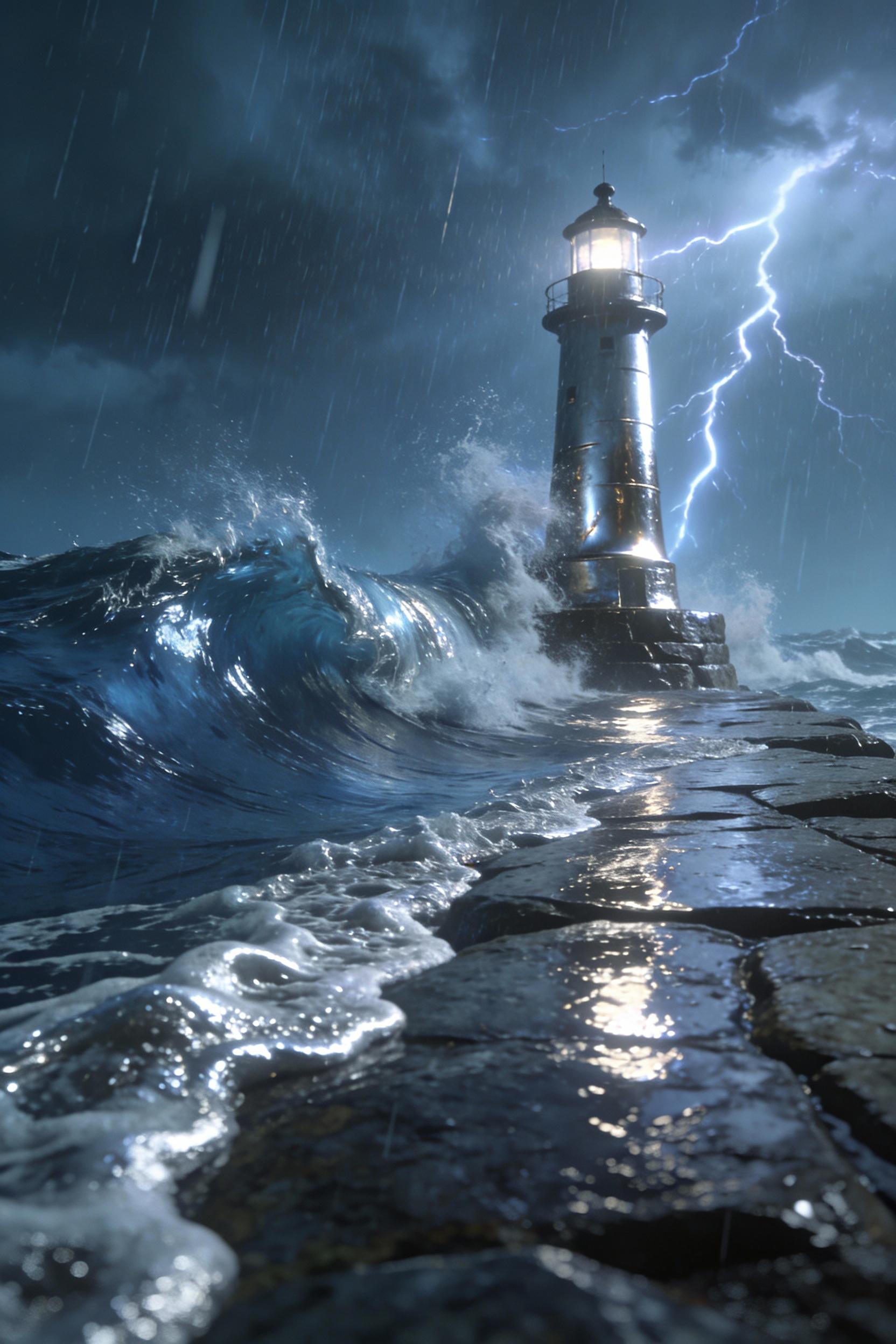 A lone lighthouse battling storm waves with subtle brushed-metal reflections on wet stone, Model Flux 1.1, cinematic seascape, diagonal wave-force composition, rain streaks and chrome-tinted lightning flashes, no character, lighthouse beacon, steel blue with muted silver foam, portrait 2:3.
