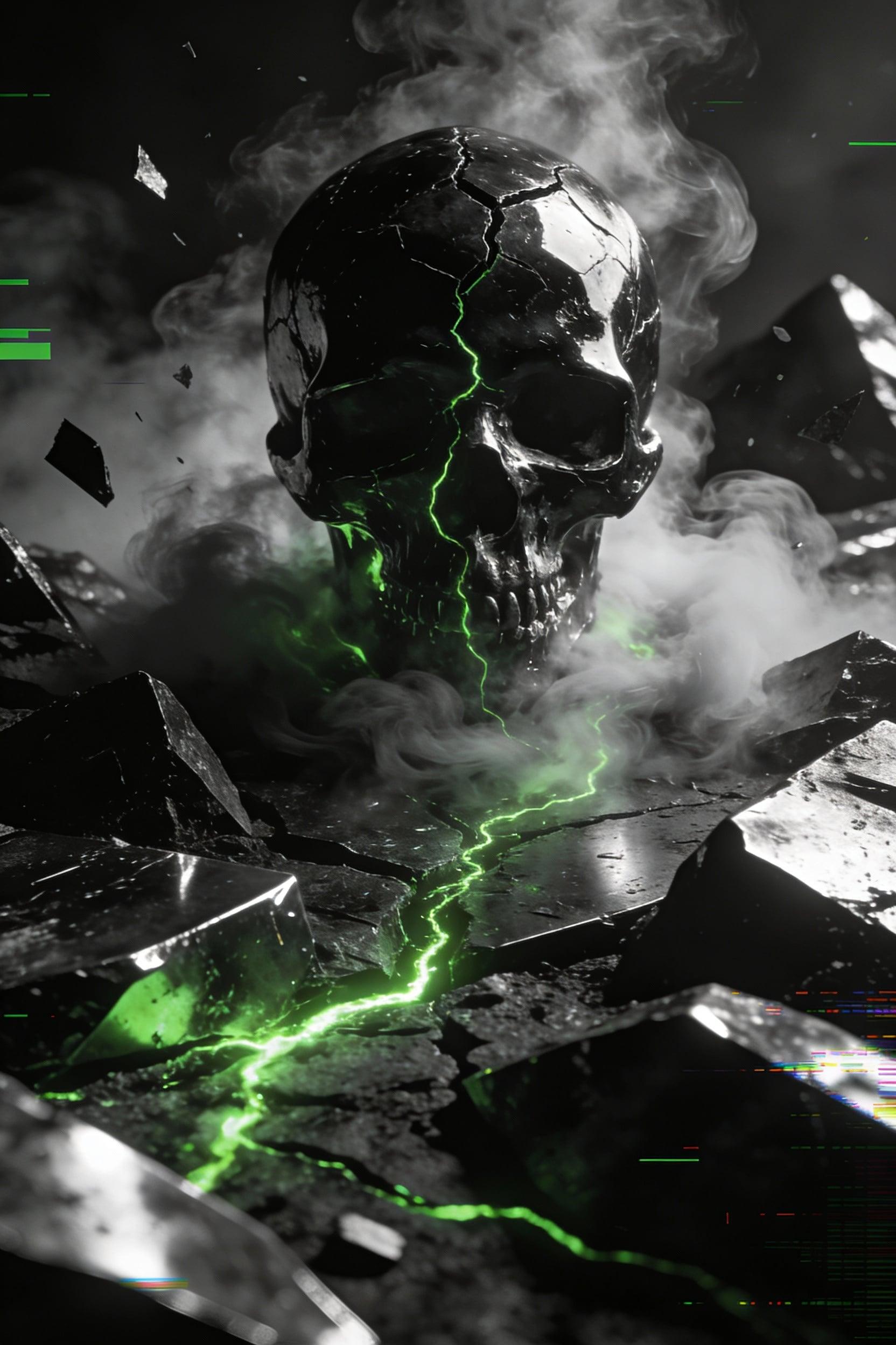 A cinematic 2:3 dark-art metal poster featuring a cracked obsidian skull rising from swirling smoke and neon-green energy veins. Harsh highlights reflect off jagged surfaces, atmospheric mist creates depth, glitch fragments and shadow textures add intensity. High-contrast monochrome with toxic accent glow. Razor-sharp detail. No borders or text.