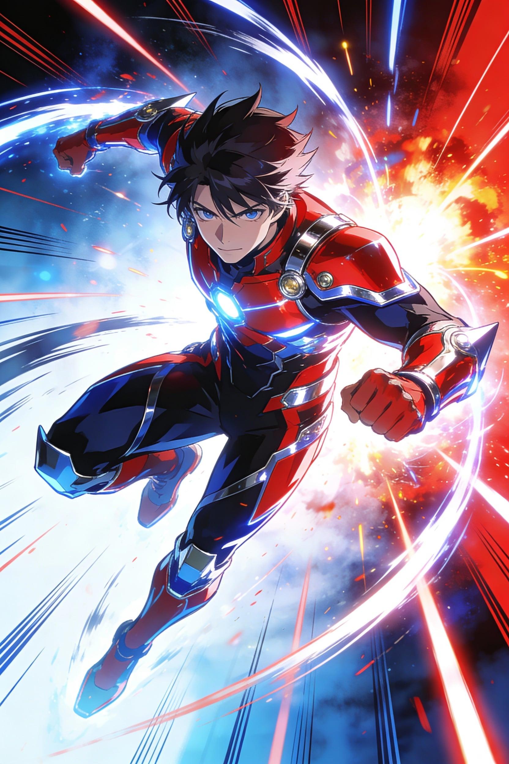 A cinematic 2:3 metal poster of a stylized anime hero mid-action leap with energy trails, glowing effects, wind streaks, and explosive lighting. Metallic accents embedded in the costume, sharp cel-shaded lines, vibrant color bloom, reflective lighting on armor edges. High-saturation red, blue, and white palette. Ultra-crisp detail, dynamic motion depth. No borders or text