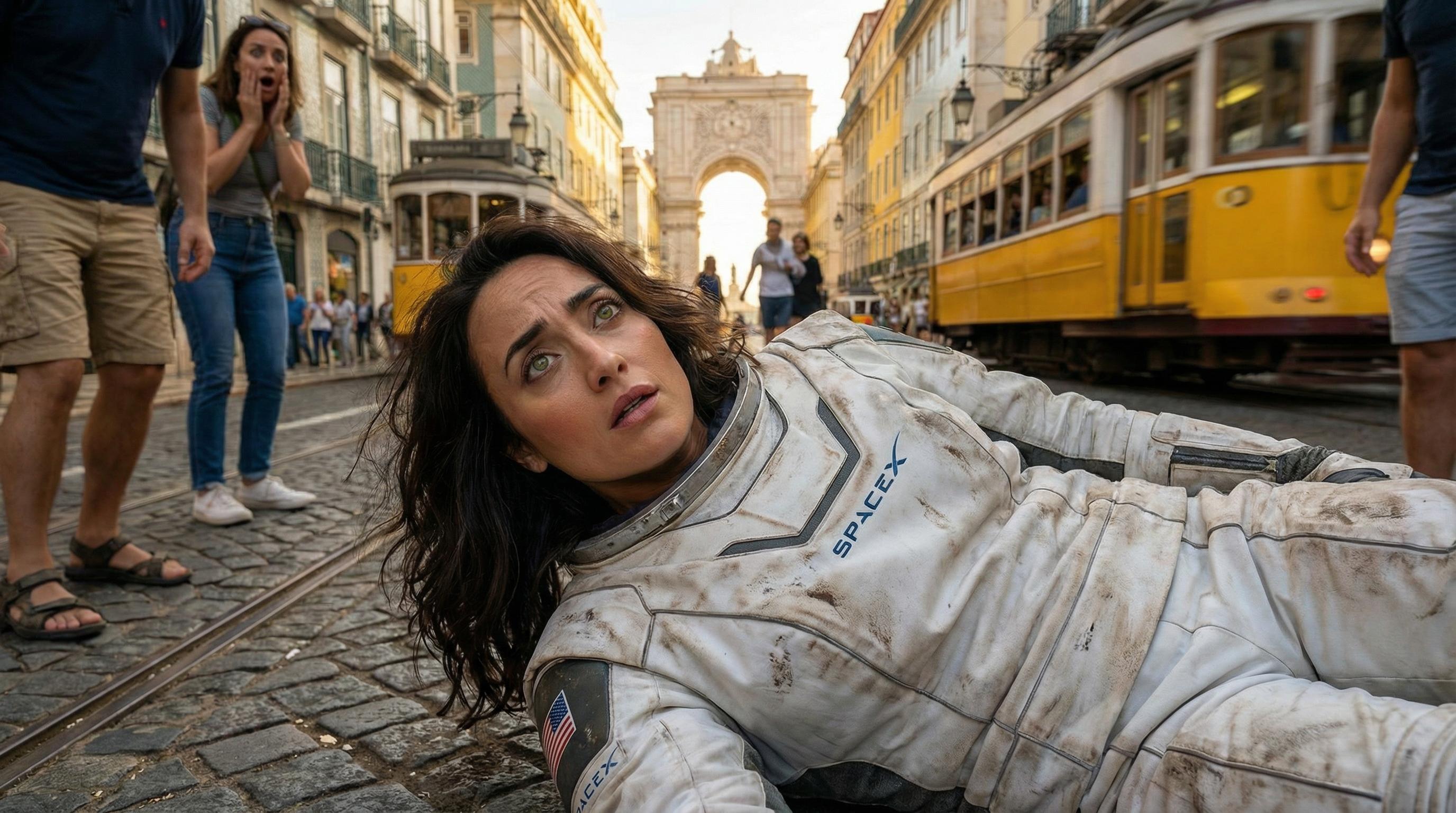 In the main streets of Lisbon with visible traffic and background chatter, a close-up of Pamela, 40 years old with dark brown hair and green eyes, wearing a dirty white space suit with the SpaceX logo, looking stunned and dazed on the ground, surrounded by blurred figures of onlookers with expressions of shock.