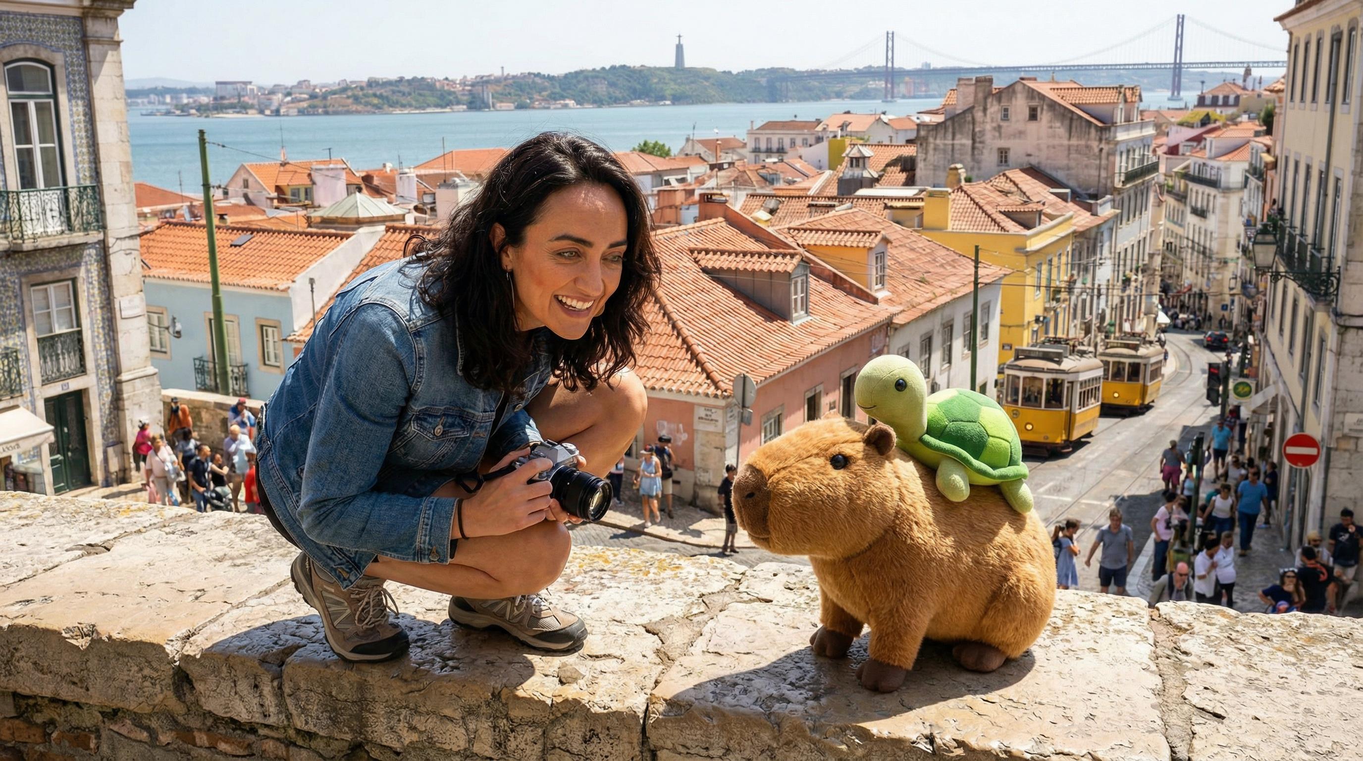 A close-up shot of Lisbon Portugal's most iconic sites, featuring Cappy, a stuffed capybara with a green turtle riding on his back, placed on a stone wall, appearing whimsical and stationary; in the foreground, Pam, a 40-year-old beautiful woman with dark hair and green eyes, in comfortable walking shoes, with an amused smile, her pose slightly crouched; the background includes colorful tiled roofs in the Alfama district under bright midday light, fostering a lively and cultural atmosphere.