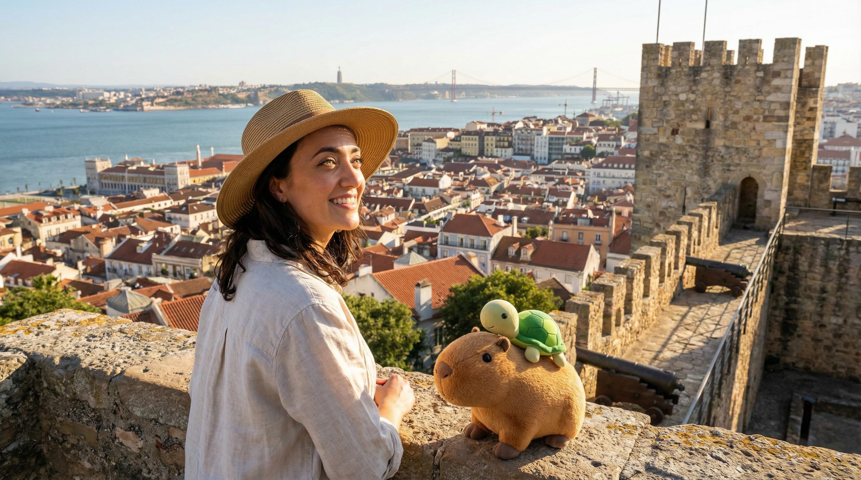 A medium-wide shot of Lisbon Portugal's most iconic sites, featuring Pam, a 40-year-old beautiful woman with dark hair and green eyes, wearing a sunhat, with a delighted expression while standing near Cappy, a stuffed capybara with a green turtle riding on his back, on a castle battlement; the background showcases the ancient walls of São Jorge Castle with panoramic views, illuminated by warm afternoon sunlight, creating an adventurous and historic mood.
