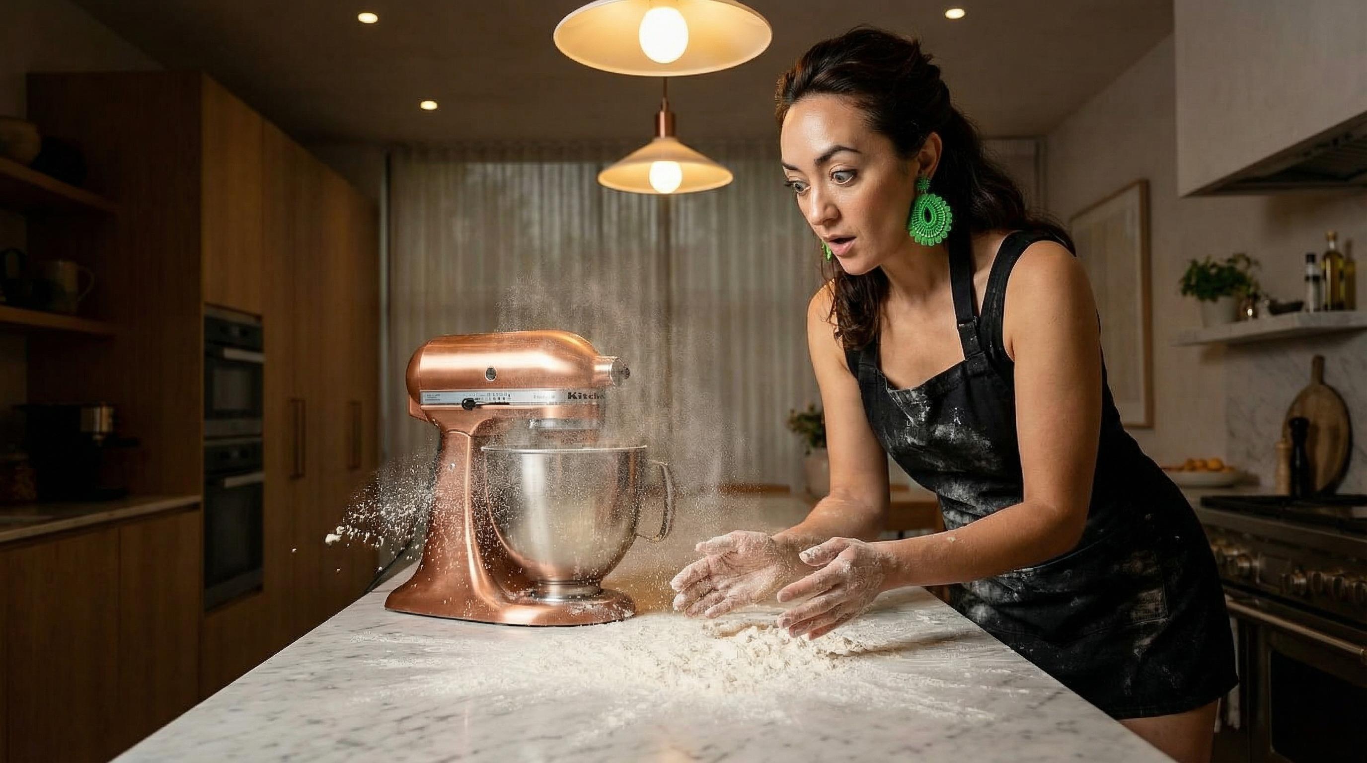 In a modern kitchen with a stand mixer, a close-up of Pamela,  with dark hair and green eyes, wearing a black kitchen apron over a sexy short skirt, with a surprised expression on her face, flour beginning to cover the counter nearby, warm overhead lighting casting dramatic shadows.