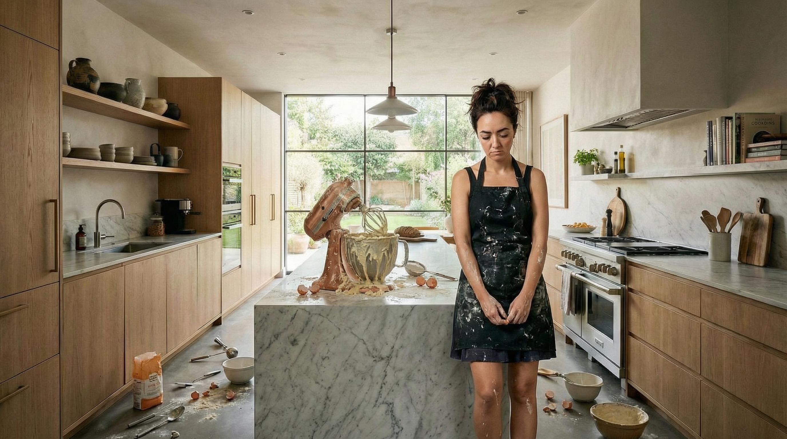 In a modern kitchen with a stand mixer now covered in batter, a wide shot of Pamela, with dark hair and green eyes, wearing a messy black kitchen apron over a sexy short skirt, sad as she stands amid scattered ingredients on the floor, highlighting the disarray.