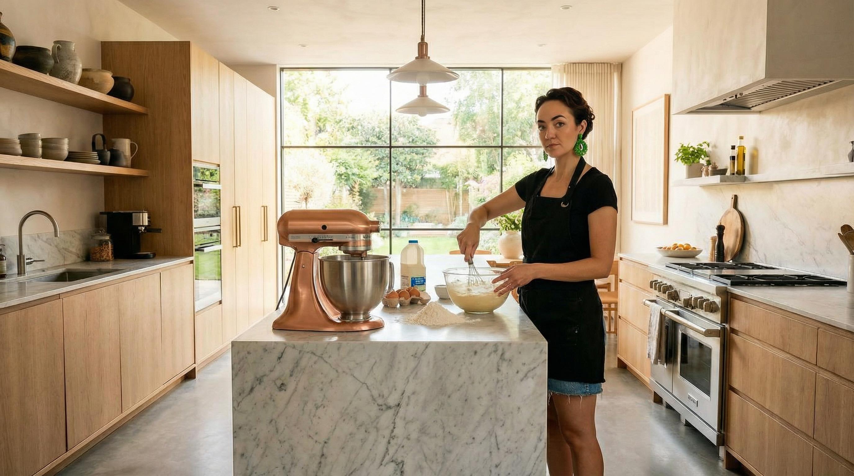In a modern kitchen with a stand mixer, a wide shot of Pamela, with dark hair and green eyes, wearing a black kitchen apron over a sexy short skirt, standing confidently at the counter with a focused expression, mixing ingredients, soft morning light illuminating the clean surfaces and appliances.