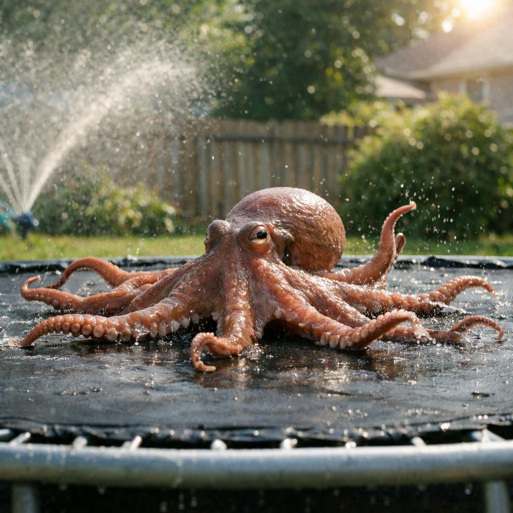 === Scene ===

Description: An octopus somehow ends up in a suburban backyard and slithers onto a trampoline, its tentacles spreading out in all directions. It tries to bounce — clumsily, with suction cups sticking briefly to the surface before releasing. The movement is weirdly graceful and hilarious. A sprinkler gently sprays in the background, mist catching the sunlight.
Tone: {"palette":"Greens, hose-wet trampoline black, soft blues from the sprinkler mist — all slightly desaturated and sun-faded","mood":"Delightful, bizarre, real — the kind of thing you'd rewind 3 times saying ‘What the hell did I just watch?’"}, {"enhancers":["realistic octopus tentacle movement and skin texture","suction cup interaction with trampoline surface","moisture glistening in the sunlight on skin and trampoline fabric","gentle spray from backyard sprinkler casting water particles through sunbeams","accurate trampoline dip and vibration from tentacle pressure"]}, cartoon octopus, dry skin, floating bounce, fake trampoline motion, stylized environment, underwater lighting

=== Shot ===

Composition: Fixed mid-wide angle from the side of the trampoline at ground level, like a security cam or home video. Slight lens compression and sun flare in the top corner. Shallow depth of field on the octopus motion.
Camera Motion: The octopus slowly inches forward, then flops its body upward in a half-bounce, followed by tentacles flailing slightly in mid-air before landing in a wet slurp. It pauses, blinks (somehow), then tries again — determined but confused.
