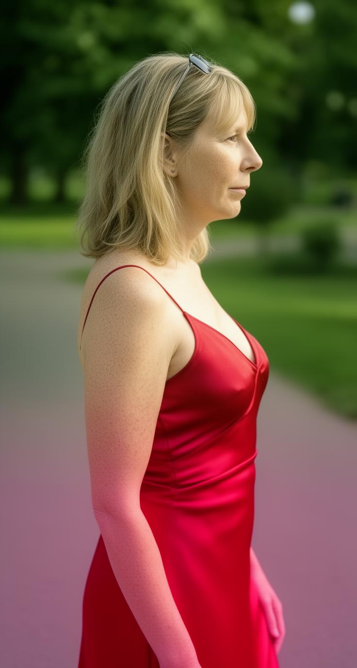 show me this person wearing a red evening dress facing to the right.