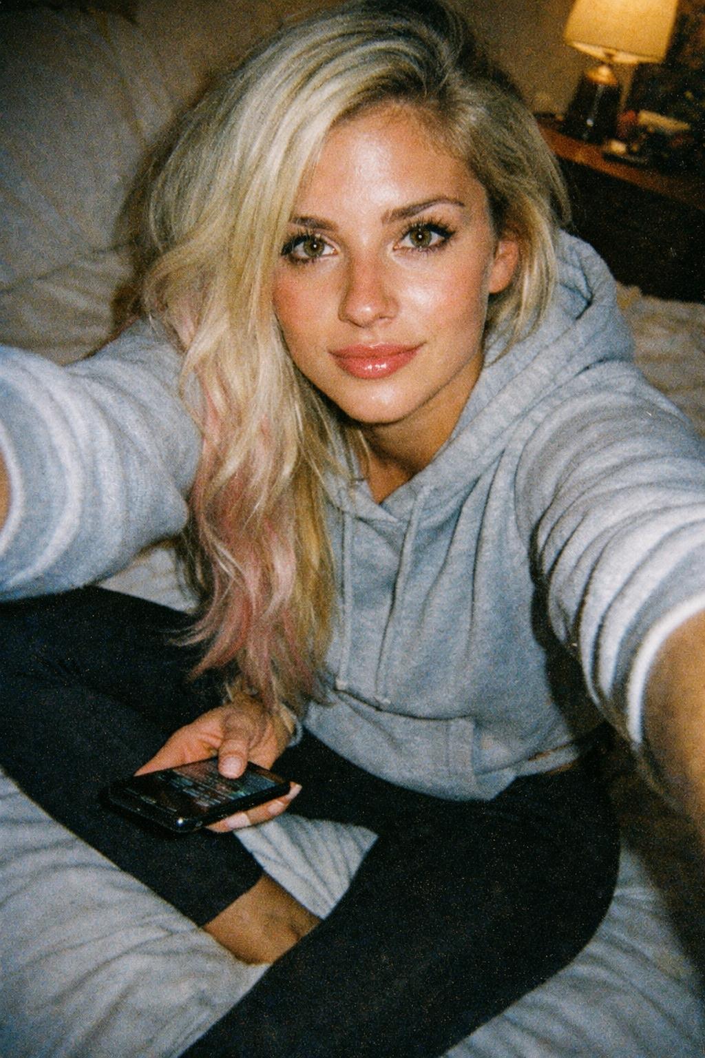 view from above, selfie style, one arm outstretched holding phone and one arm resting, scrolling pose, close-up of “Lola Bennett”, wearing a casual hoodie and leggings, sitting on bed, blurry bedroom background, American origin, curious face, full body portrait, beautiful, 24 years old, (natural makeup, natural eyebrows, natural lips:1.3), glowing golden skin, high energy, long wavy platinum blonde hair and a hint of pink, natural textured skin, looking at viewer, hyperdetailed, analog photo, slouched posture, ultra detailed hazel eyes, glossy lips, athletic body, soft shadows, dim lamp lighting, candid photo style, photorealistic, cinematic, hyperrealist, photo noise, film grain, smartphone flash photo, shot on Kodak Funsaver, amateur selfie aesthetic, slightly underexposed, r/amateur vibe, lowres look, authentic snapshot feel, dreamy haze, natural skin texture, grain, noise, textures