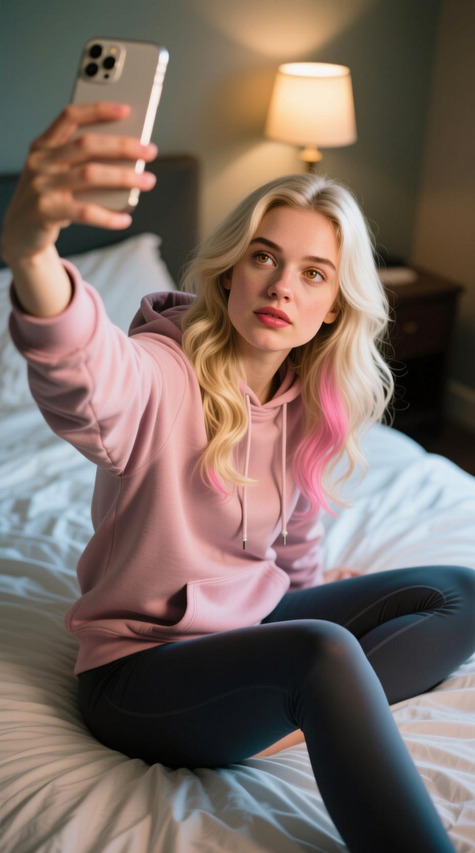 view from above, selfie style, one arm outstretched holding phone, scrolling pose, close-up of “Lola Bennett”, wearing a casual hoodie and leggings, sitting on bed, blurry bedroom background, American origin, curious face, full body portrait, beautiful, 24 years old, (natural makeup, natural eyebrows, natural lips:1.3), glowing golden skin, high energy, long wavy platinum blonde hair and a hint of pink, natural textured skin, looking at viewer, hyperdetailed, analog photo, slouched posture, ultra detailed hazel eyes, glossy lips, athletic body, soft shadows, dim lamp lighting, candid photo style, photorealistic, cinematic, hyperrealist, photo noise, film grain, smartphone flash photo, shot on Kodak Funsaver, amateur selfie aesthetic, slightly underexposed, r/amateur vibe, lowres look, authentic snapshot feel, dreamy haze, natural skin texture, grain, noise, textures