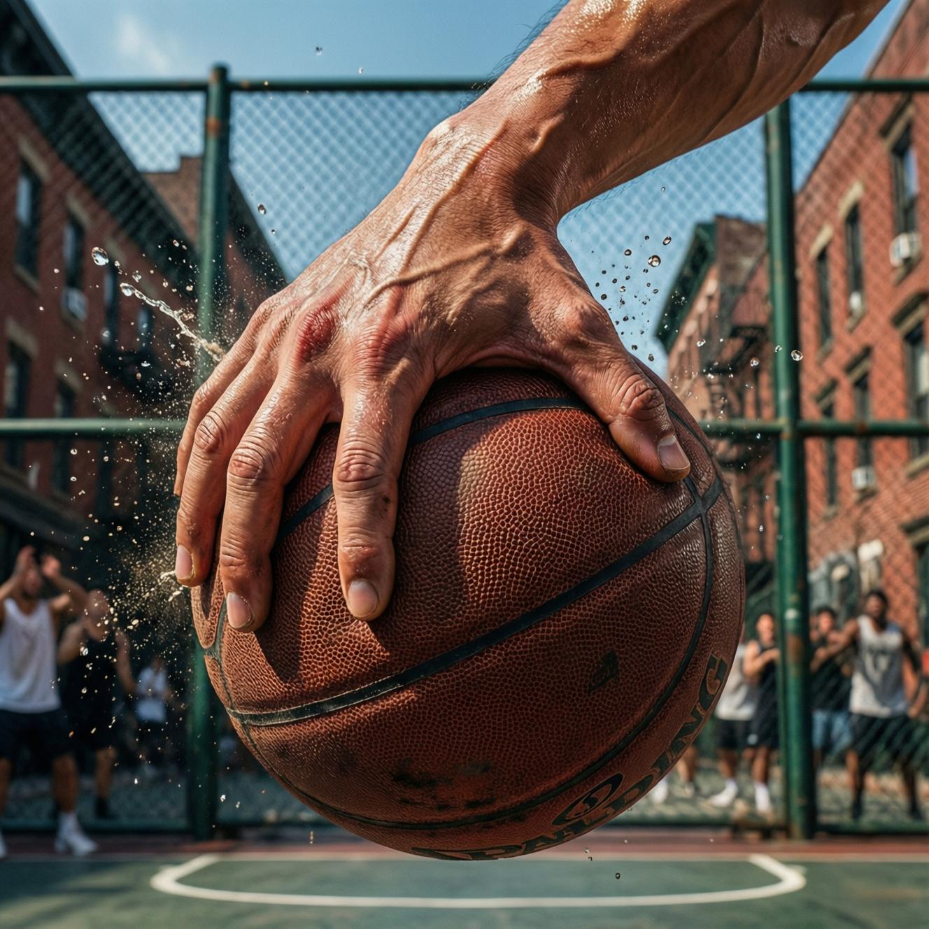 === Scene ===

Tone: generate an 8-second, hyper-realistic, seamlessly looping video capturing the raw power and physics of a single moment in a street basketball game, rendered in extreme slow motion., {"type":"High-speed sports cinematography, played back in extreme slow motion","duration_seconds":8,"looping":"true, seamless loop","pacing":"Intense, powerful, and dramatic. The slow motion turns a split-second action into a detailed ballet of force.","animated_elements":[{"element":"Ball Impact and Deformation","description":"The primary animation. A defender's hand forcefully impacts the top of a basketball. In slow motion, we see the defender's fingers digging into the pebbled leather, the ball visibly compressing and deforming under the force. The ball's backspin momentarily stops and reverses as it's knocked away. This entire impact and recoil sequence forms the loop."},{"element":"Sweat and Particle Dynamics","description":"The explosive impact sends a fine spray of sweat droplets flying from both the hand and the ball's surface. The droplets hang in the air like tiny jewels in the bright sun. Dust and microscopic rubber particles from the court are kicked up by the motion."},{"element":"Anatomical Realism","description":"The muscles and tendons in the defender's forearm and hand are seen contracting with extreme force. Veins bulge on the skin's surface. The skin on the fingertips whitens from the pressure against the ball."},{"element":"Background Motion","description":"Through the chain-link fence in the deep background, the blurred figures of spectators are seen reacting to the play, their movements also in slow motion, adding to the atmosphere."}]}, {"style":"Hyperrealistic, gritty sports documentary style, emulating the aesthetic of a high-end Nike commercial or a feature film.","camera_setup":{"camera":"Phantom VEO 4K High-Speed Camera","lens":"100mm Telephoto Prime Lens","perspective":"Static, locked-down shot from a very low angle, looking up at the point of impact. This heroic angle makes the action feel monumental and powerful.","description":"The sun is high in the sky, creating high-contrast, sharp-edged shadows. This intense light creates brilliant specular highlights on the sweat-glistened skin and the curved surface of the basketball, emphasizing every texture."},"composition":{"framing":"A tight, dynamic composition focused entirely on the collision between the hand and the ball. The chain-link fence in the background creates a gritty, geometric pattern that cages the action."}}

=== Subject ===

Description: {"base_subject":"An extreme close-up, slow-motion shot of a hand blocking a basketball at the apex of a shot on an iconic urban court.","key_details":[{"element":"The Hand and Arm","description":"The hand of a highly athletic basketball player. The skin glistens with a realistic sheen of sweat, and we can clearly see skin pores, calluses, and the fine lines of the knuckles. The hand is powerful and expressive."},{"element":"The Basketball","description":"A well-worn, official Spalding basketball. The pebbled texture is rendered in extreme detail, with dirt and scuff marks lodged in the grooves. The printed logos are slightly faded from use."},{"element":"The Environment","description":"The background is the iconic, green, tight-mesh chain-link fence of 'The Cage'. The fence is slightly rusted in places. Through the links, the blurred shapes of spectators and the red brick of surrounding Village buildings are visible."}]}