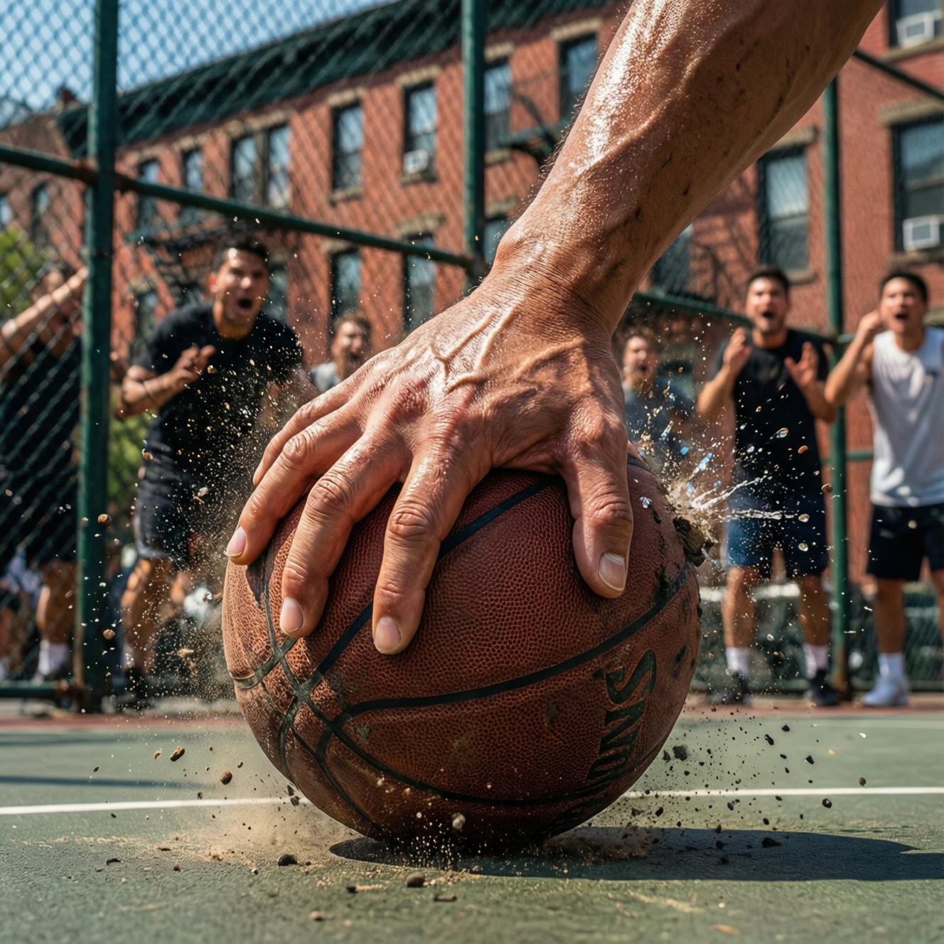 === Scene ===

Tone: generate an 8-second, hyper-realistic, seamlessly looping video capturing the raw power and physics of a single moment in a street basketball game, rendered in extreme slow motion., {"type":"High-speed sports cinematography, played back in extreme slow motion","duration_seconds":8,"looping":"true, seamless loop","pacing":"Intense, powerful, and dramatic. The slow motion turns a split-second action into a detailed ballet of force.","animated_elements":[{"element":"Ball Impact and Deformation","description":"The primary animation. A defender's hand forcefully impacts the top of a basketball. In slow motion, we see the defender's fingers digging into the pebbled leather, the ball visibly compressing and deforming under the force. The ball's backspin momentarily stops and reverses as it's knocked away. This entire impact and recoil sequence forms the loop."},{"element":"Sweat and Particle Dynamics","description":"The explosive impact sends a fine spray of sweat droplets flying from both the hand and the ball's surface. The droplets hang in the air like tiny jewels in the bright sun. Dust and microscopic rubber particles from the court are kicked up by the motion."},{"element":"Anatomical Realism","description":"The muscles and tendons in the defender's forearm and hand are seen contracting with extreme force. Veins bulge on the skin's surface. The skin on the fingertips whitens from the pressure against the ball."},{"element":"Background Motion","description":"Through the chain-link fence in the deep background, the blurred figures of spectators are seen reacting to the play, their movements also in slow motion, adding to the atmosphere."}]}, {"style":"Hyperrealistic, gritty sports documentary style, emulating the aesthetic of a high-end Nike commercial or a feature film.","camera_setup":{"camera":"Phantom VEO 4K High-Speed Camera","lens":"100mm Telephoto Prime Lens","perspective":"Static, locked-down shot from a very low angle, looking up at the point of impact. This heroic angle makes the action feel monumental and powerful.","description":"The sun is high in the sky, creating high-contrast, sharp-edged shadows. This intense light creates brilliant specular highlights on the sweat-glistened skin and the curved surface of the basketball, emphasizing every texture."},"composition":{"framing":"A tight, dynamic composition focused entirely on the collision between the hand and the ball. The chain-link fence in the background creates a gritty, geometric pattern that cages the action."}}

=== Subject ===

Description: {"base_subject":"An extreme close-up, slow-motion shot of a hand blocking a basketball at the apex of a shot on an iconic urban court.","key_details":[{"element":"The Hand and Arm","description":"The hand of a highly athletic basketball player. The skin glistens with a realistic sheen of sweat, and we can clearly see skin pores, calluses, and the fine lines of the knuckles. The hand is powerful and expressive."},{"element":"The Basketball","description":"A well-worn, official Spalding basketball. The pebbled texture is rendered in extreme detail, with dirt and scuff marks lodged in the grooves. The printed logos are slightly faded from use."},{"element":"The Environment","description":"The background is the iconic, green, tight-mesh chain-link fence of 'The Cage'. The fence is slightly rusted in places. Through the links, the blurred shapes of spectators and the red brick of surrounding Village buildings are visible."}]}