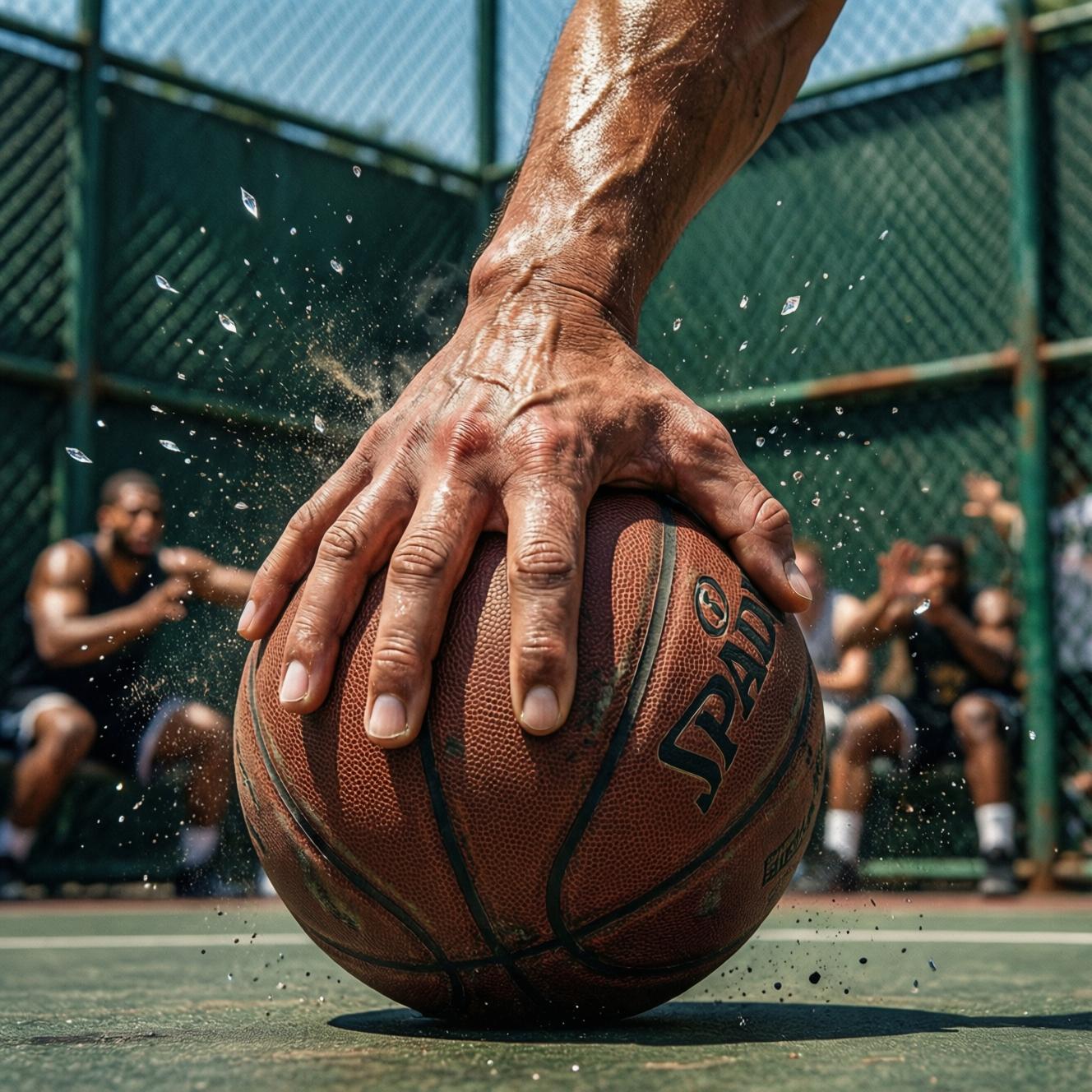 === Scene ===

Tone: generate an 8-second, hyper-realistic, seamlessly looping video capturing the raw power and physics of a single moment in a street basketball game, rendered in extreme slow motion., {"type":"High-speed sports cinematography, played back in extreme slow motion","duration_seconds":8,"looping":"true, seamless loop","pacing":"Intense, powerful, and dramatic. The slow motion turns a split-second action into a detailed ballet of force.","animated_elements":[{"element":"Ball Impact and Deformation","description":"The primary animation. A defender's hand forcefully impacts the top of a basketball. In slow motion, we see the defender's fingers digging into the pebbled leather, the ball visibly compressing and deforming under the force. The ball's backspin momentarily stops and reverses as it's knocked away. This entire impact and recoil sequence forms the loop."},{"element":"Sweat and Particle Dynamics","description":"The explosive impact sends a fine spray of sweat droplets flying from both the hand and the ball's surface. The droplets hang in the air like tiny jewels in the bright sun. Dust and microscopic rubber particles from the court are kicked up by the motion."},{"element":"Anatomical Realism","description":"The muscles and tendons in the defender's forearm and hand are seen contracting with extreme force. Veins bulge on the skin's surface. The skin on the fingertips whitens from the pressure against the ball."},{"element":"Background Motion","description":"Through the chain-link fence in the deep background, the blurred figures of spectators are seen reacting to the play, their movements also in slow motion, adding to the atmosphere."}]}, {"style":"Hyperrealistic, gritty sports documentary style, emulating the aesthetic of a high-end Nike commercial or a feature film.","camera_setup":{"camera":"Phantom VEO 4K High-Speed Camera","lens":"100mm Telephoto Prime Lens","perspective":"Static, locked-down shot from a very low angle, looking up at the point of impact. This heroic angle makes the action feel monumental and powerful.","description":"The sun is high in the sky, creating high-contrast, sharp-edged shadows. This intense light creates brilliant specular highlights on the sweat-glistened skin and the curved surface of the basketball, emphasizing every texture."},"composition":{"framing":"A tight, dynamic composition focused entirely on the collision between the hand and the ball. The chain-link fence in the background creates a gritty, geometric pattern that cages the action."}}

=== Subject ===

Description: {"base_subject":"An extreme close-up, slow-motion shot of a hand blocking a basketball at the apex of a shot on an iconic urban court.","key_details":[{"element":"The Hand and Arm","description":"The hand of a highly athletic basketball player. The skin glistens with a realistic sheen of sweat, and we can clearly see skin pores, calluses, and the fine lines of the knuckles. The hand is powerful and expressive."},{"element":"The Basketball","description":"A well-worn, official Spalding basketball. The pebbled texture is rendered in extreme detail, with dirt and scuff marks lodged in the grooves. The printed logos are slightly faded from use."},{"element":"The Environment","description":"The background is the iconic, green, tight-mesh chain-link fence of 'The Cage'. The fence is slightly rusted in places. Through the links, the blurred shapes of spectators and the red brick of surrounding Village buildings are visible."}]}