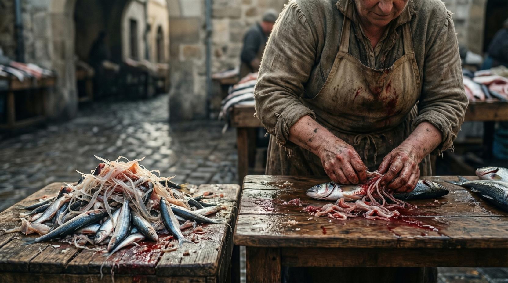 ultra realistic historical scene, 18th century european fish market,
single continuous scene, wide shot, eye level camera,

foreground left: small scattered pile of fish waste on low wooden surface,
few remains from small sardine-sized fish under 20 cm,
thin thread-like intestines, delicate translucent entrails,
scales, traces of blood, wet organic textures,
limited quantity, realistic proportions, nothing oversized,

foreground right: dirty 25 years old fishmonger woman,
worn coarse clothes, stained apron, rough hands hardened by daily labor,
she is cleaning a small whole fish on a wooden table,
carefully pulling out thin intestines and placing them onto the nearby waste pile,

accurate small fish anatomy, fragile internal organs,
visible moisture, restrained realism without exaggeration,

slightly warmer natural daylight, early morning atmosphere,
muted natural colors, cold stone surroundings,

strict documentary realism,
no stylization, no artistic interpretation,
no beauty lighting, no cinematic glow,
raw historical realism, uncomfortable scene,
natural dirt, grime, decay, no idealization,
ugly realism, unpleasant to look at
