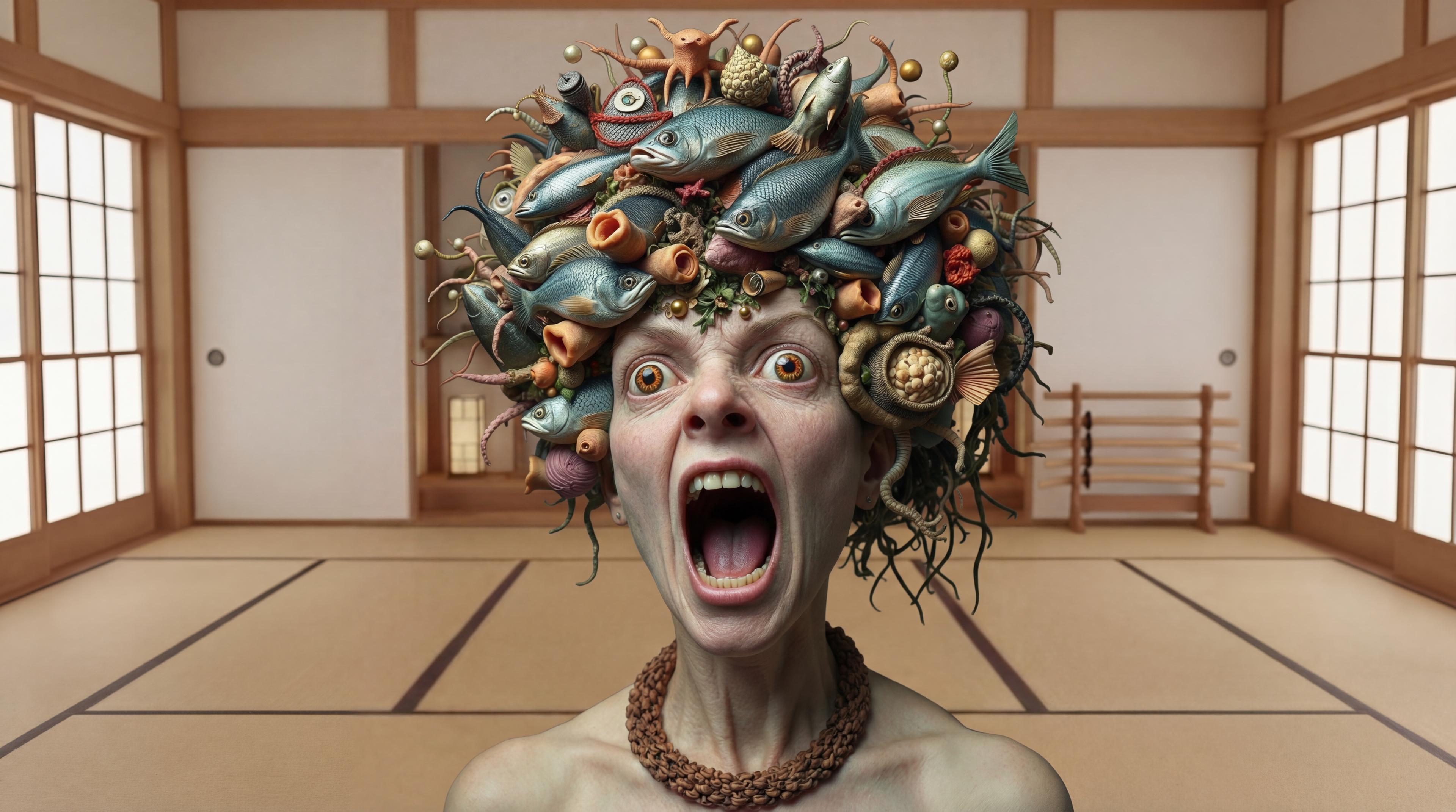 replace the woman in the black dress with the woman with the fish (edited with Google Nano Banana Pro)