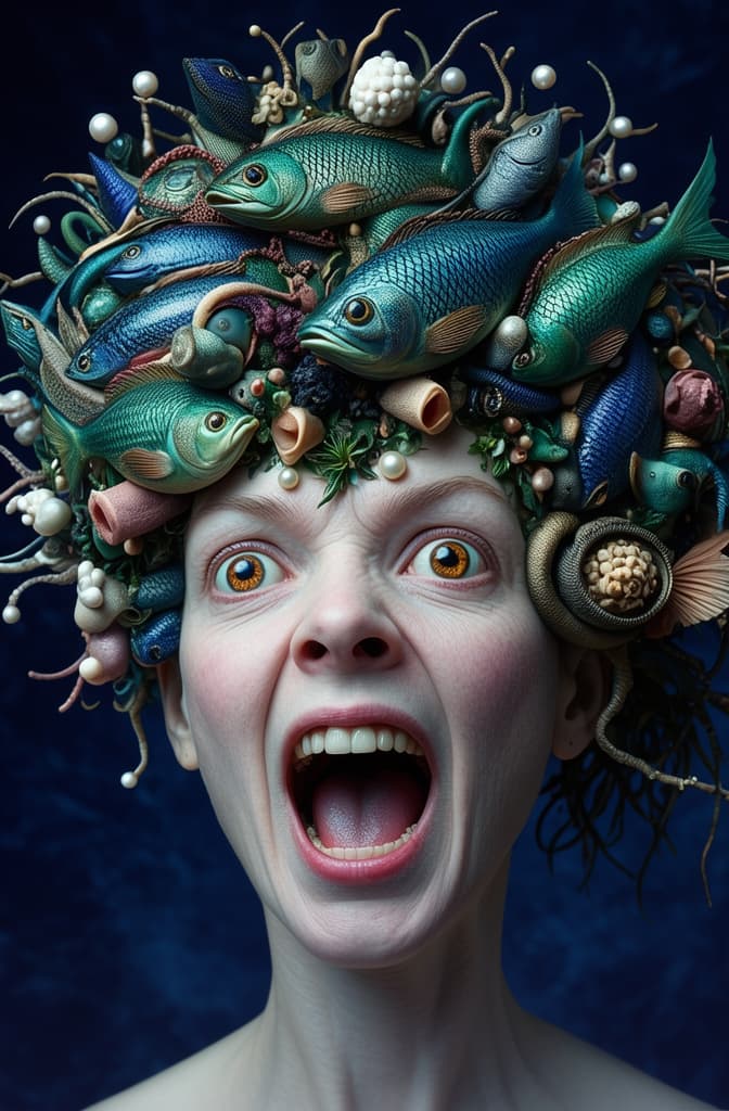 a photo of a woman with a fish hat