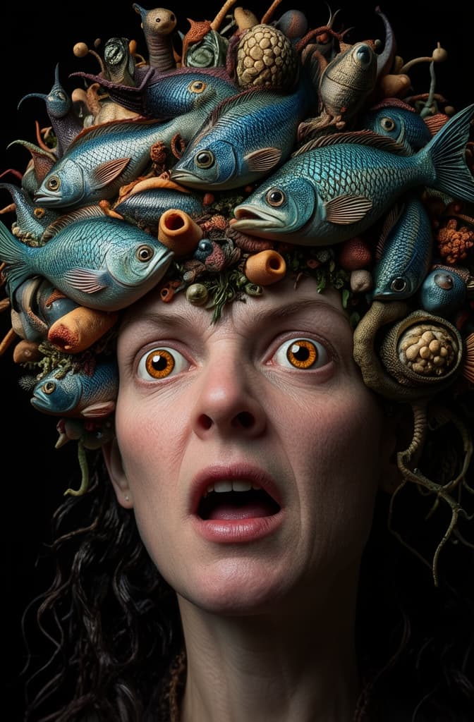 a photo of a woman with a fish hat