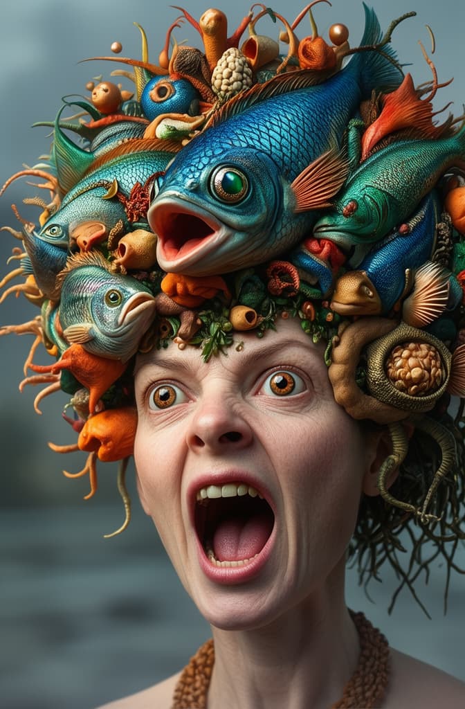 a photo of a woman with a fish hat