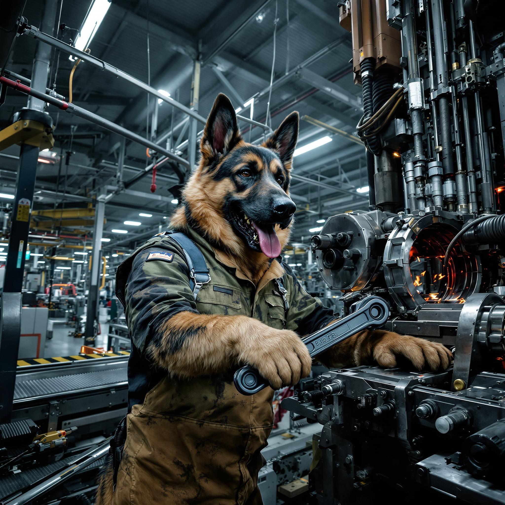 A highly realistic photograph of an anthropomorphic German shepherd working diligently in a bustling industrial factory, standing upright on hind legs in a mechanic's jumpsuit stained with grease and oil, focused expression with perked ears and paws gripping a heavy wrench as it tightens bolts on a massive assembly line machine, muscular build and glossy black-and-tan fur detailed with every strand visible. The gritty factory interior features towering steel beams, sparking conveyor belts, and scattered tools under harsh fluorescent overhead lights casting long dramatic shadows and cool blue-gray tones with warm orange accents from molten metal glows. Shot on a 35mm lens with shallow depth of field, sharp focus on the dog's intense face and paws while blurring the industrial background, wide-angle composition from a low three-quarter perspective emphasizing depth and scale in this moody, high-contrast scene.