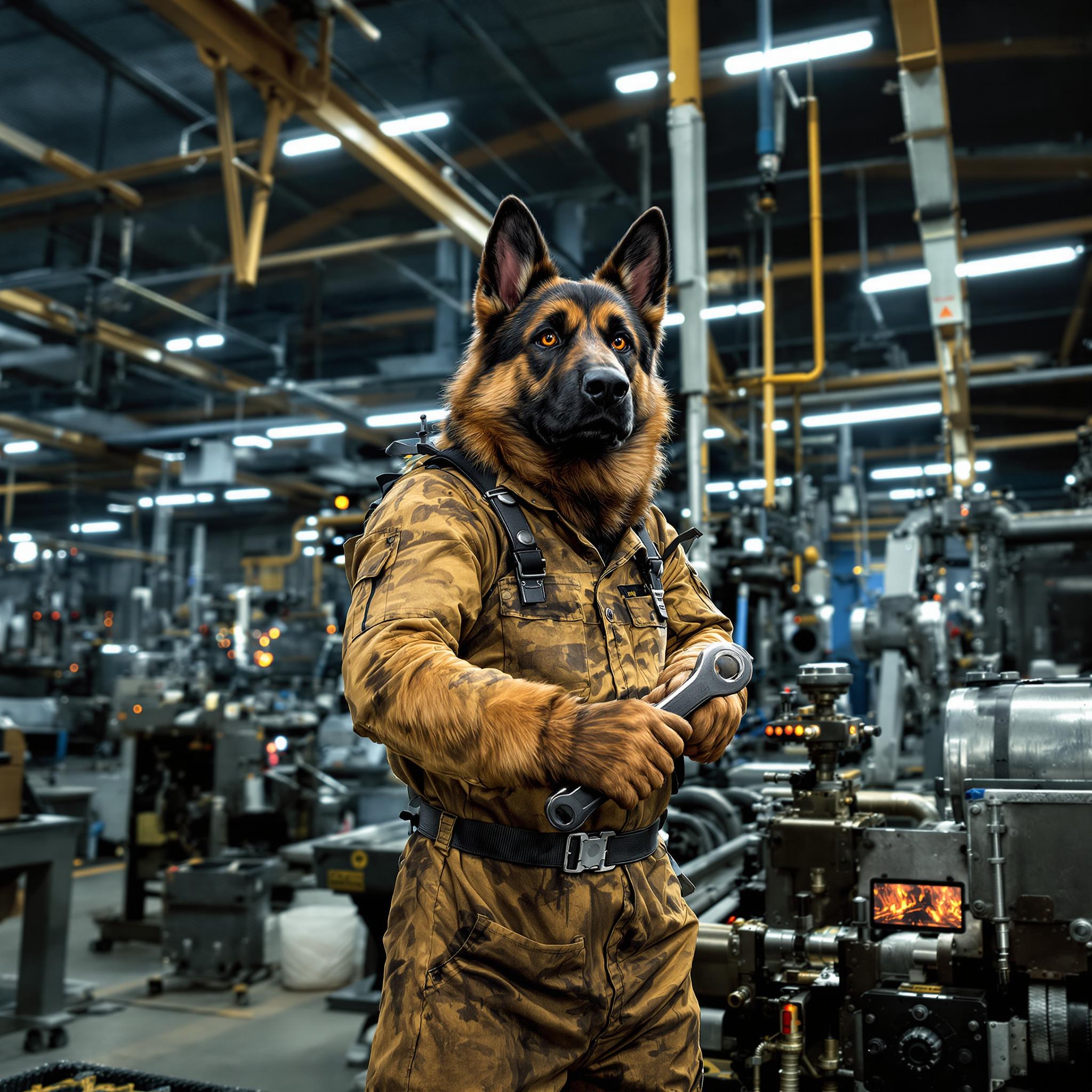 A highly realistic photograph of an anthropomorphic German shepherd working diligently in a bustling industrial factory, standing upright on hind legs in a mechanic's jumpsuit stained with grease and oil, focused expression with perked ears and paws gripping a heavy wrench as it tightens bolts on a massive assembly line machine, muscular build and glossy black-and-tan fur detailed with every strand visible. The gritty factory interior features towering steel beams, sparking conveyor belts, and scattered tools under harsh fluorescent overhead lights casting long dramatic shadows and cool blue-gray tones with warm orange accents from molten metal glows. Shot on a 35mm lens with shallow depth of field, sharp focus on the dog's intense face and paws while blurring the industrial background, wide-angle composition from a low three-quarter perspective emphasizing depth and scale in this moody, high-contrast scene.