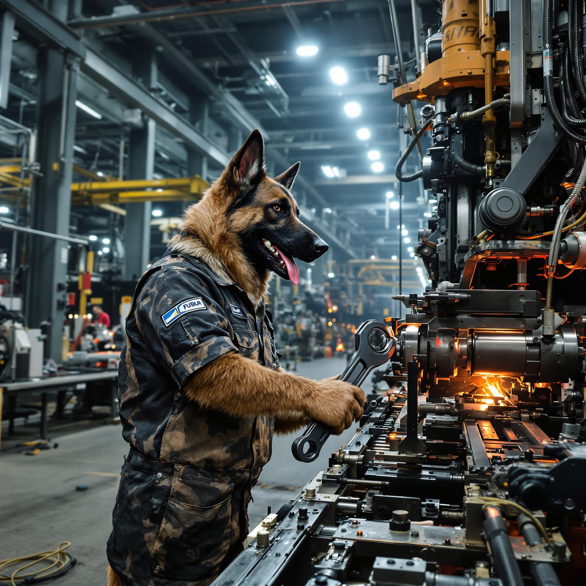 A highly realistic photograph of an anthropomorphic German shepherd working diligently in a bustling industrial factory, standing upright on hind legs in a mechanic's jumpsuit stained with grease and oil, focused expression with perked ears and paws gripping a heavy wrench as it tightens bolts on a massive assembly line machine, muscular build and glossy black-and-tan fur detailed with every strand visible. The gritty factory interior features towering steel beams, sparking conveyor belts, and scattered tools under harsh fluorescent overhead lights casting long dramatic shadows and cool blue-gray tones with warm orange accents from molten metal glows. Shot on a 35mm lens with shallow depth of field, sharp focus on the dog's intense face and paws while blurring the industrial background, wide-angle composition from a low three-quarter perspective emphasizing depth and scale in this moody, high-contrast scene.