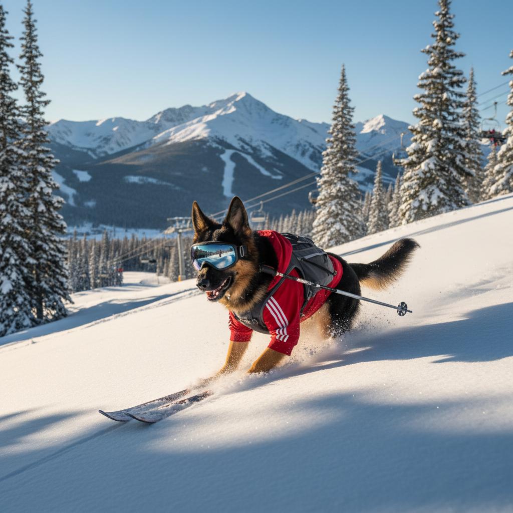A majestic German Shepherd dog skis dynamically down a steep, powdery slope at Beaver Creek ski resort, its glossy black-and-tan fur rippling in the wind as it wears tinted goggles, a fitted red jacket, backpack, sturdy skis, and poles gripped in its paws. Flanked by snow-dusted pine trees and Rocky Mountain peaks under a brilliant blue winter sky, the scene buzzes with fresh powder and distant chairlifts on a sunny afternoon. Photorealistic with a wide-angle lens and shallow depth of field, golden sunlight bathes the crisp white snow in warm highlights and cool blue shadows, captured from a low action-oriented perspective to convey exhilarating speed and joy.