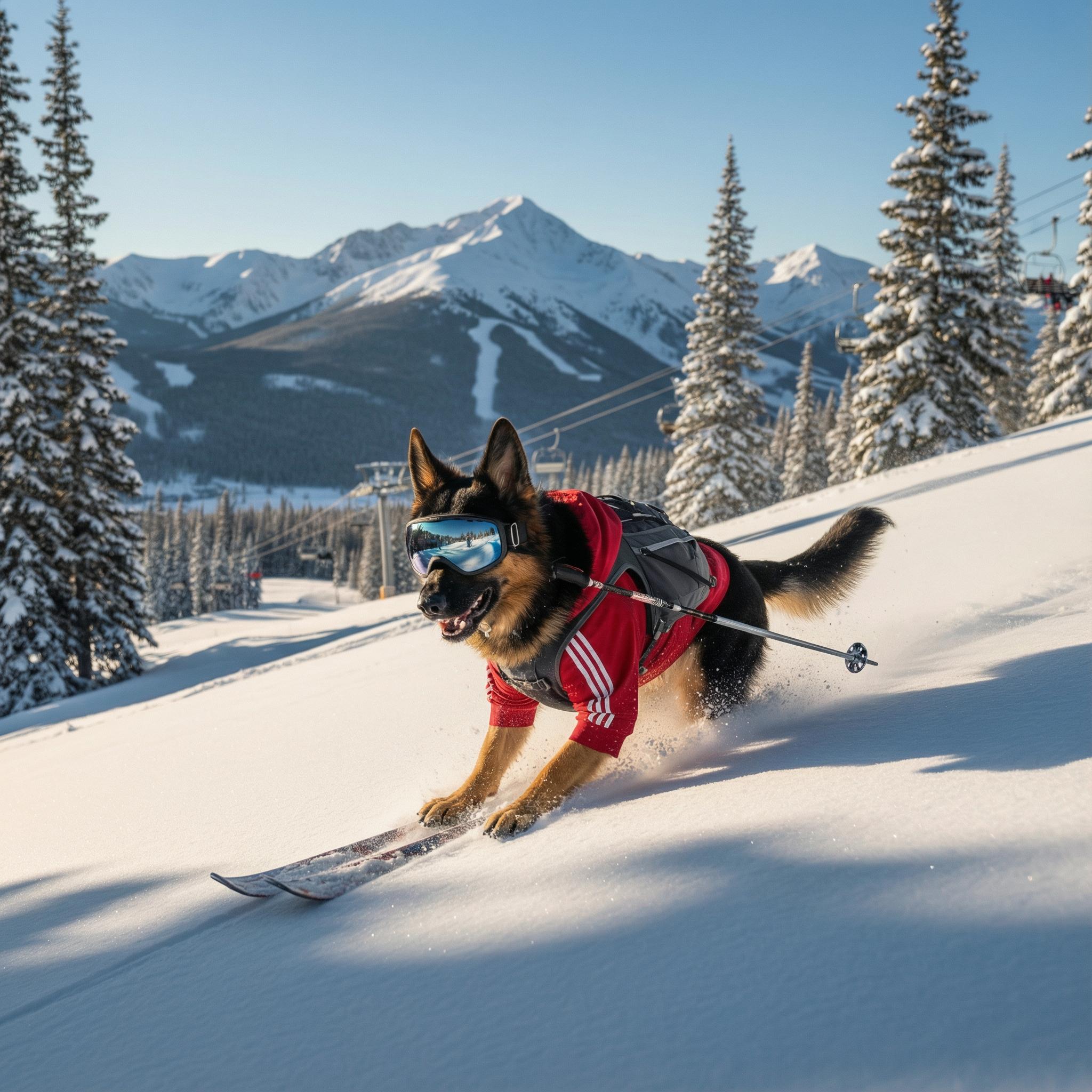 Photorealistic image of a German Shepherd skiing. Keep exact same subject, pose, composition. Remove the ski pole impaling the chest; instead, have poles attached to a harness or removed entirely. Ensure the dog has visible hind legs and a coherent quadrupedal posture on the slope. Add realistic ski bindings connecting paws to skis. Fix background ski lift cables to be continuous lines. Enhance snow spray physics.